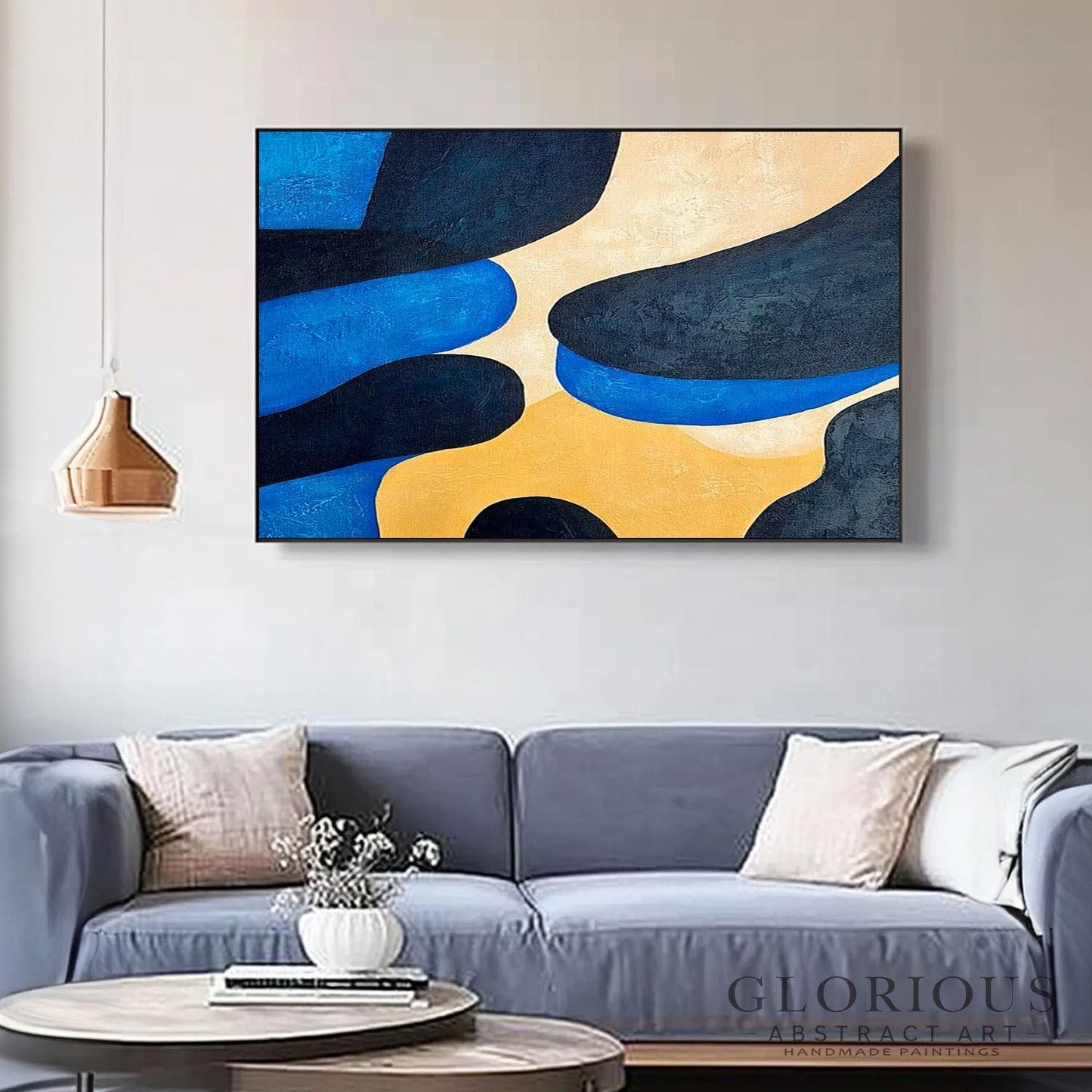 Blue and Beige Abstract Wall Art, Navy Minimalist Painting, Modern Geometric Canvas Large Fluid Art for Living Room, Contemporary Home Decor