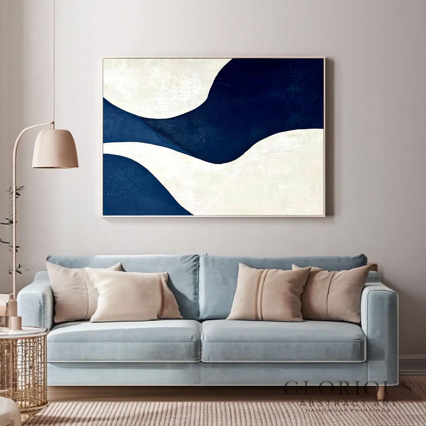 Navy Blue and Cream Abstract Wall Art, Minimalist Geometric Canvas Painting, Modern Home Decor, Living Room Office Wall Decor, Neutral Art