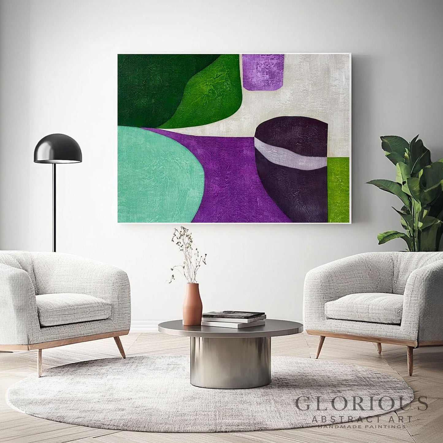 Green Purple Geometric Abstract Wall Art, Modern Minimalist Canvas Painting, Living Room Office Decor, Mid Century Style minimalist painting