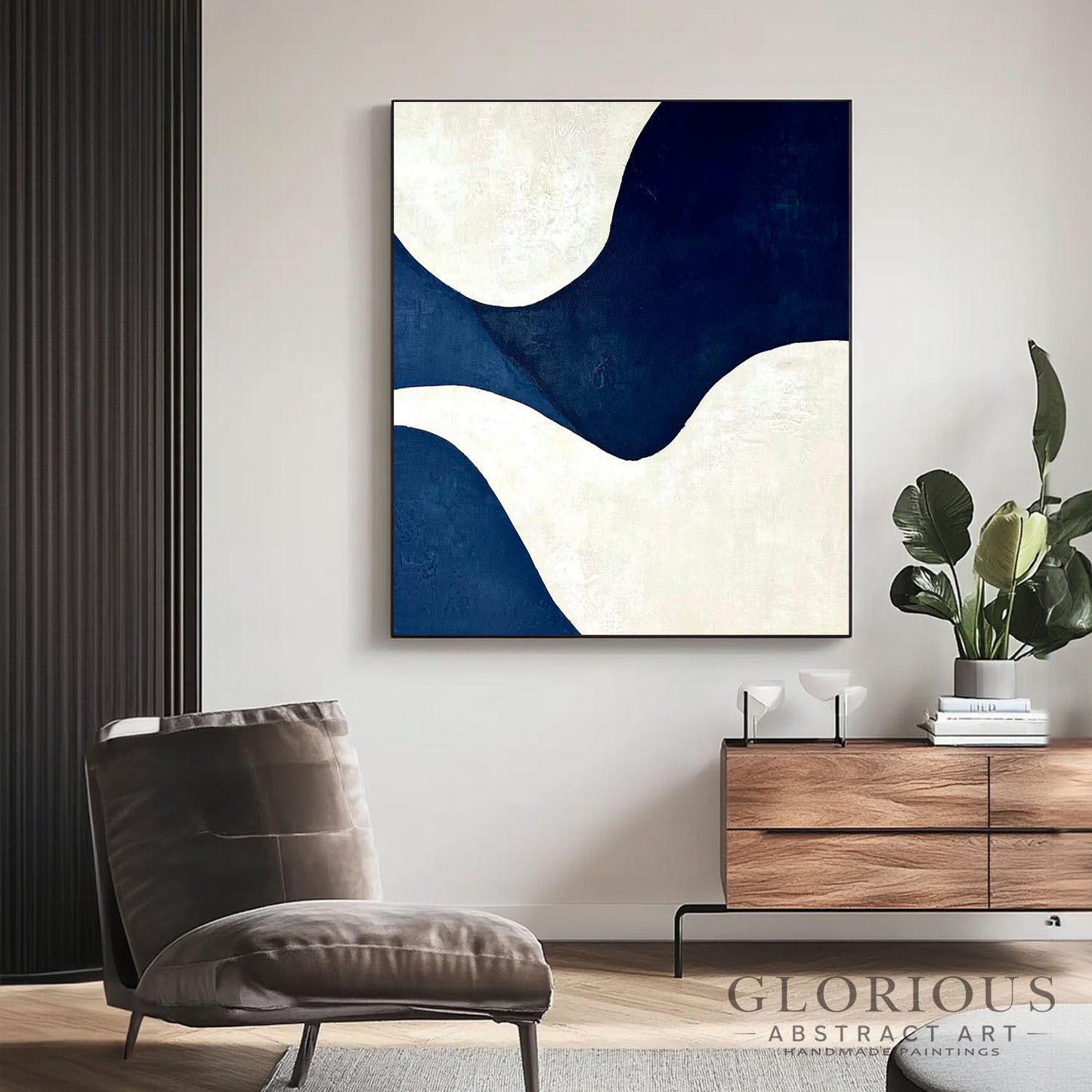 Navy Blue and Cream Abstract Wall Art, Minimalist Geometric Canvas Painting, Modern Home Decor, Living Room Office Wall Decor, Neutral Art