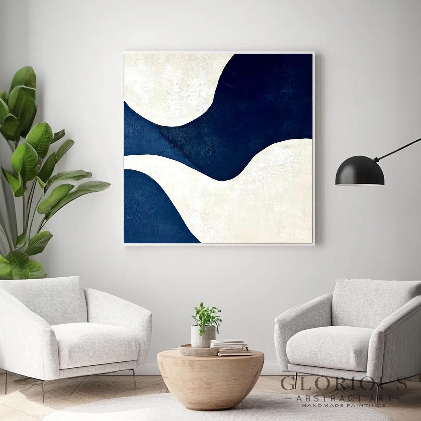 Navy Blue and Cream Abstract Wall Art, Minimalist Geometric Canvas Painting, Modern Home Decor, Living Room Office Wall Decor, Neutral Art