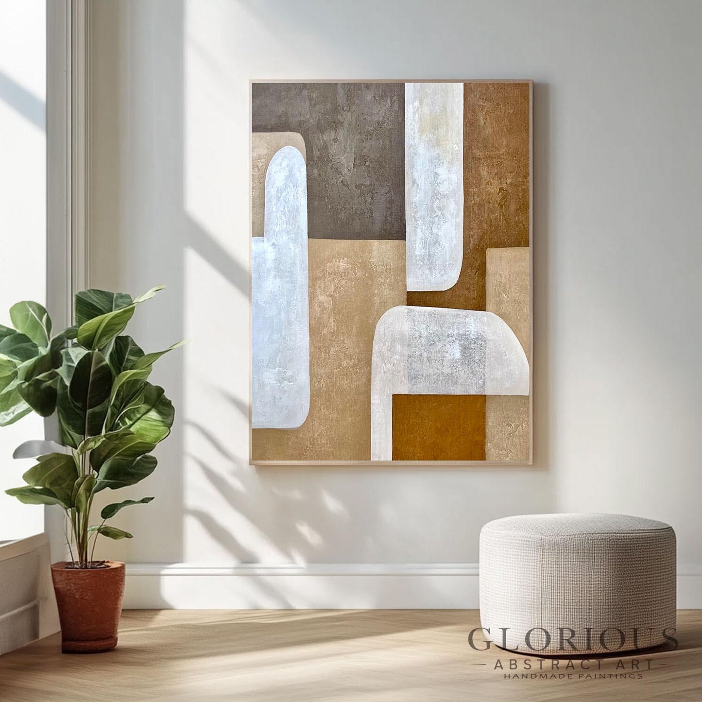 Brown Beige Abstract Wall Art, Minimalist Geometric Painting, Modern Neutral Canvas Art, Large Earth Tone Decor for Living Room Original Art