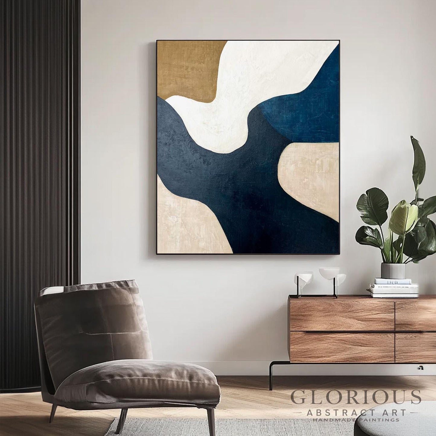 Navy Blue and Beige Abstract Wall Art, Minimalist Geometric Canvas Painting, Modern Home Decor, Large Living Room Art, Neutral Tone Artwork