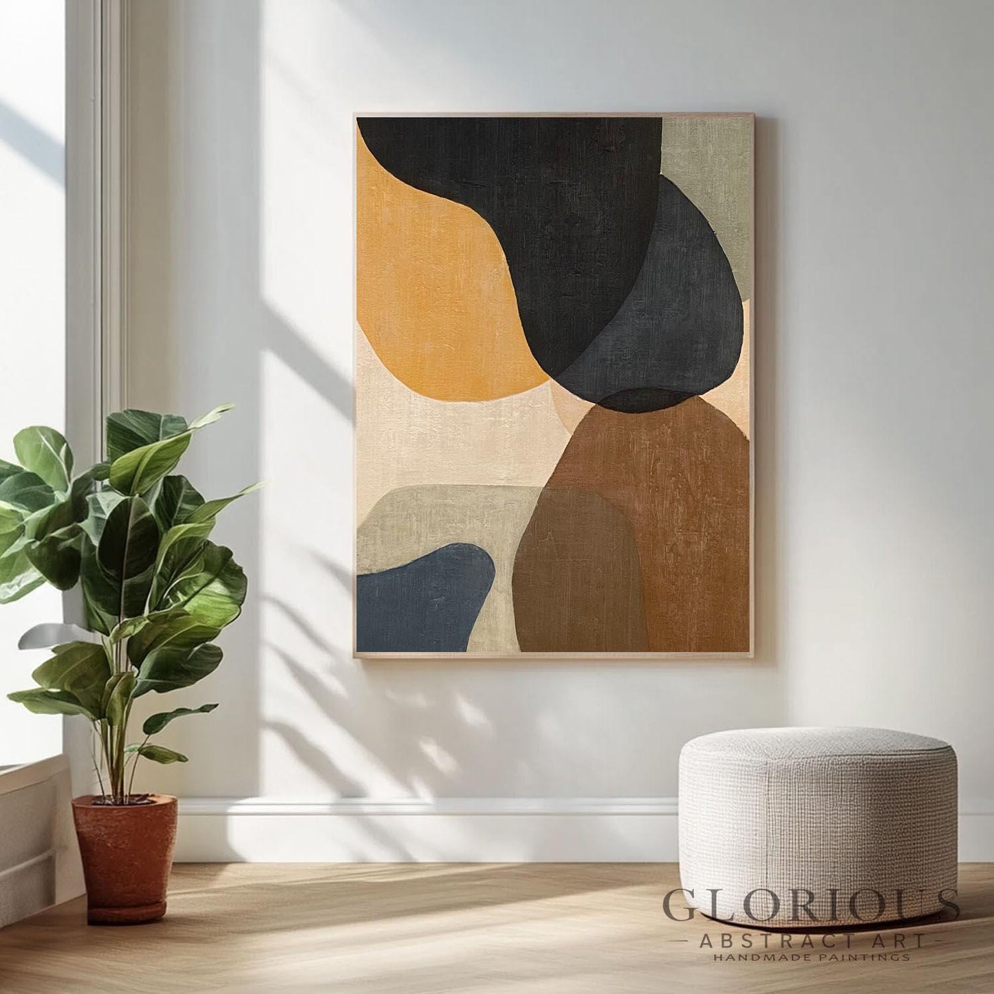 Navy Blue Abstract Wall Art, Minimalist Organic Shapes Painting, Neutral Tones Canvas Art, Modern Geometric Office Wall Decor, Living Room