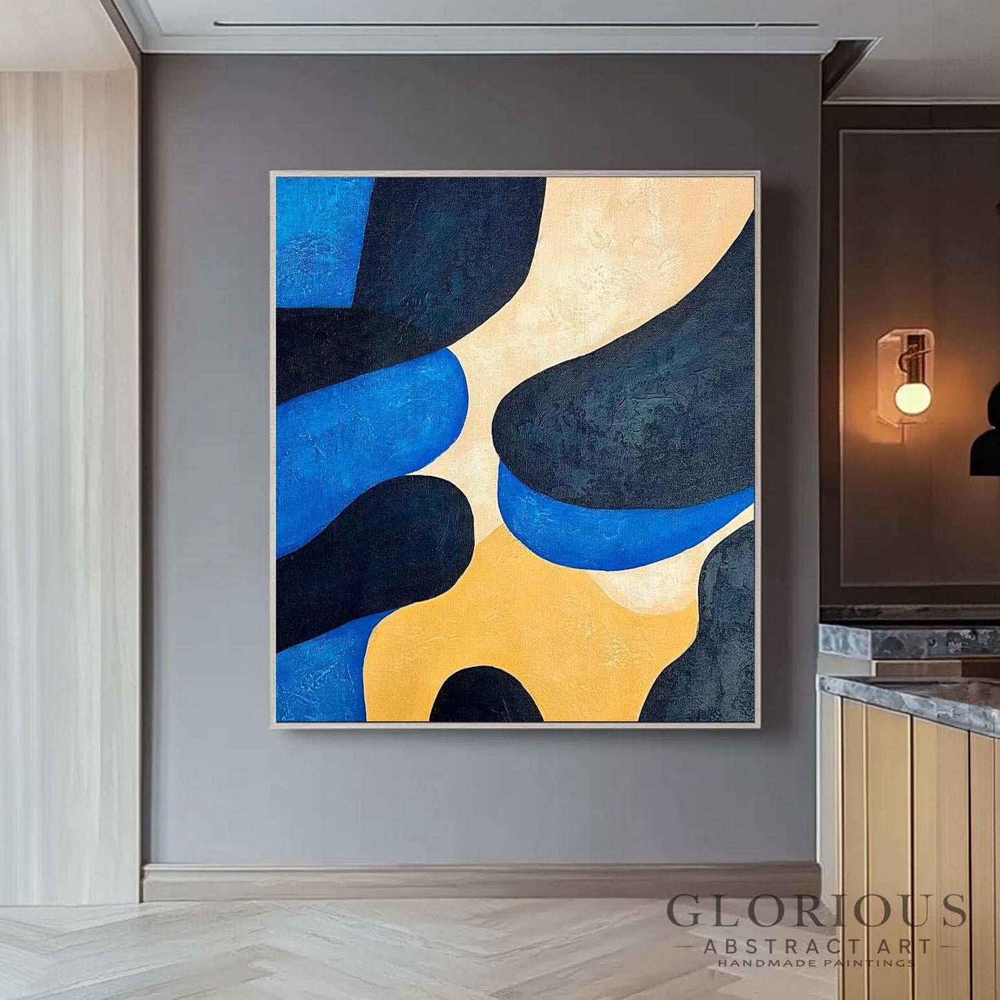Blue and Beige Abstract Wall Art, Navy Minimalist Painting, Modern Geometric Canvas Large Fluid Art for Living Room, Contemporary Home Decor