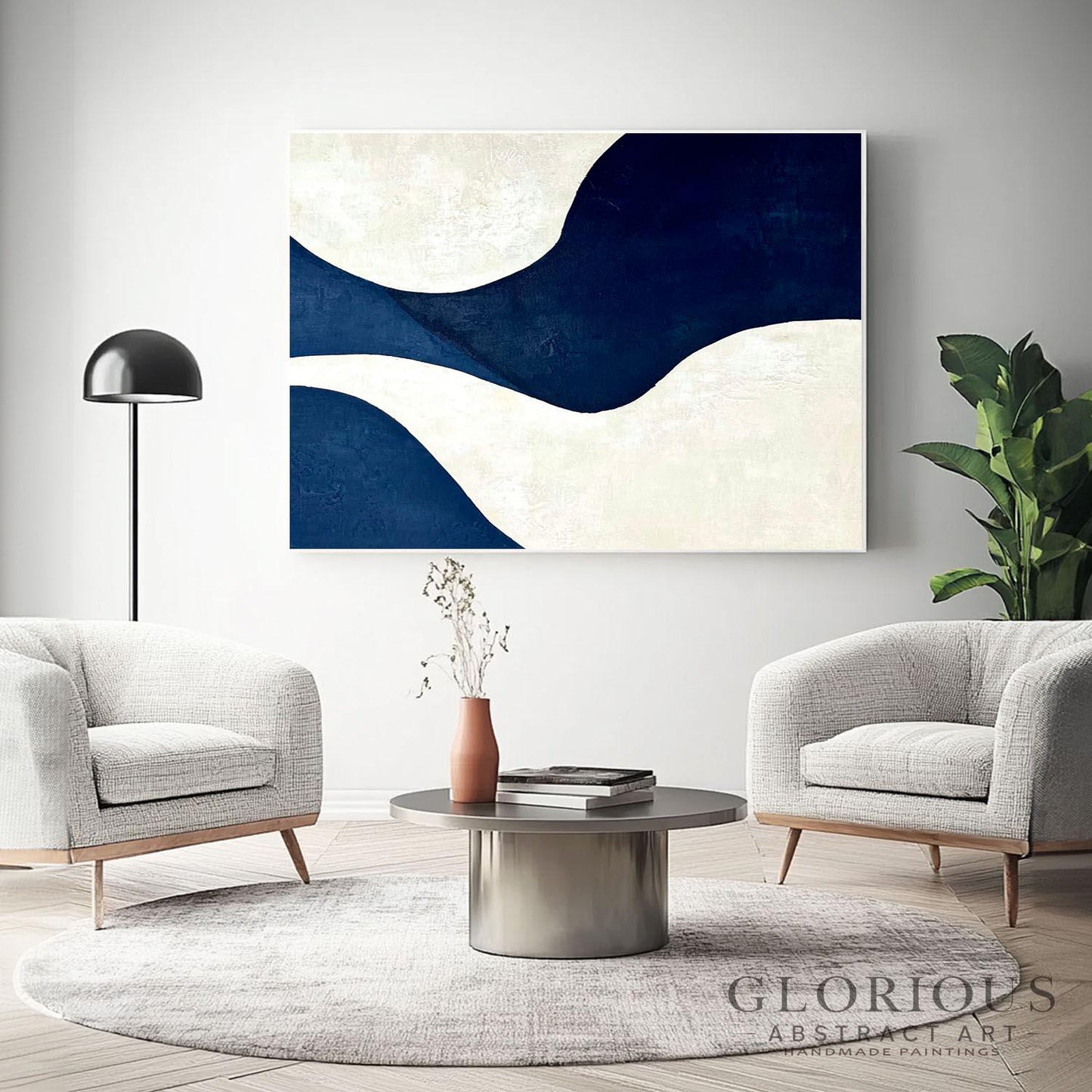 Navy Blue and Cream Abstract Wall Art, Minimalist Geometric Canvas Painting, Modern Home Decor, Living Room Office Wall Decor, Neutral Art