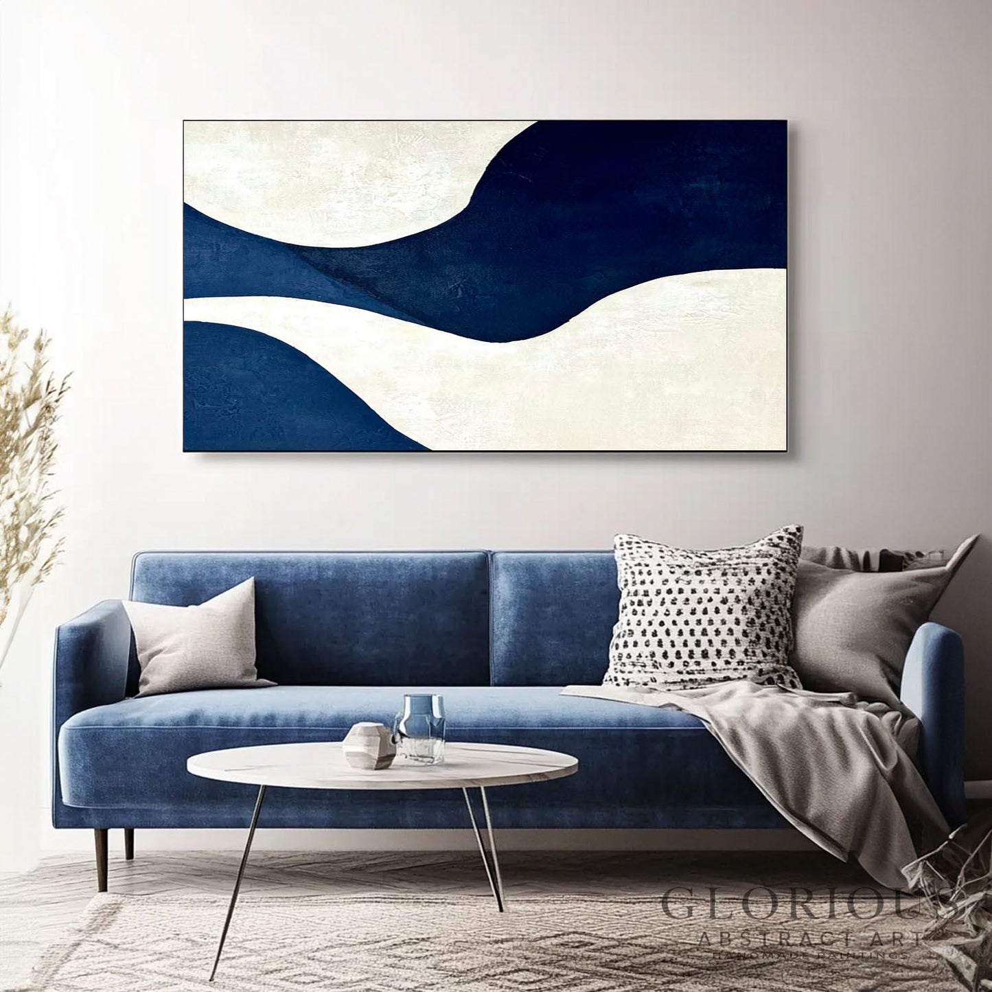 Navy Blue and Cream Abstract Wall Art, Minimalist Geometric Canvas Painting, Modern Home Decor, Living Room Office Wall Decor, Neutral Art