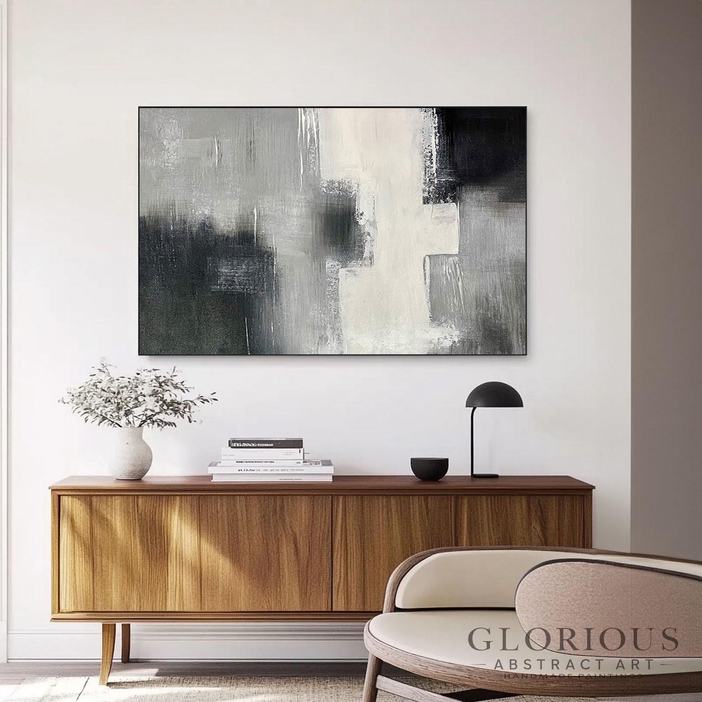 Black and White Abstract Wall Art | Modern Minimalist Canvas Painting | Textured Gray Neutral Wall Decor for Living Room Office Bedroom