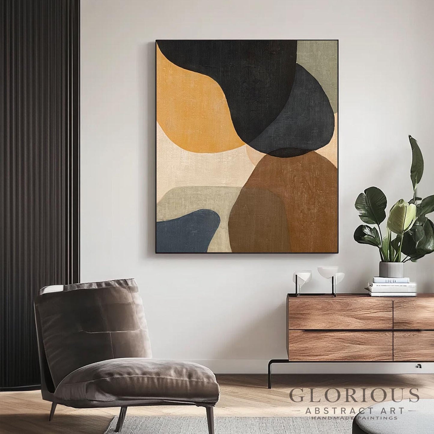 Navy Blue Abstract Wall Art, Minimalist Organic Shapes Painting, Neutral Tones Canvas Art, Modern Geometric Office Wall Decor, Living Room