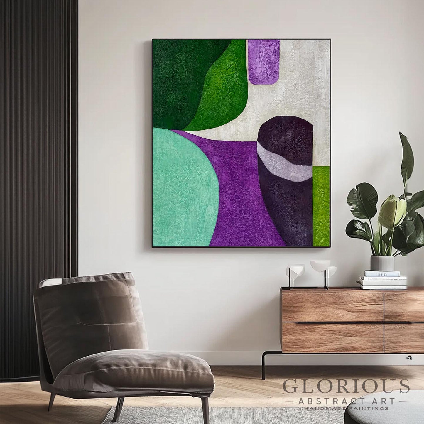 Green Purple Geometric Abstract Wall Art, Modern Minimalist Canvas Painting, Living Room Office Decor, Mid Century Style minimalist painting