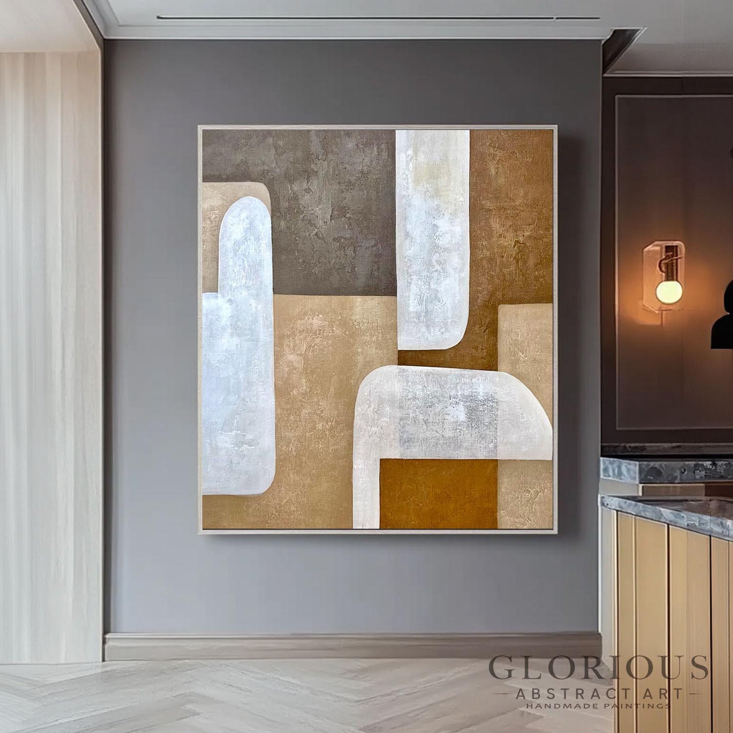 Brown Beige Abstract Wall Art, Minimalist Geometric Painting, Modern Neutral Canvas Art, Large Earth Tone Decor for Living Room Original Art