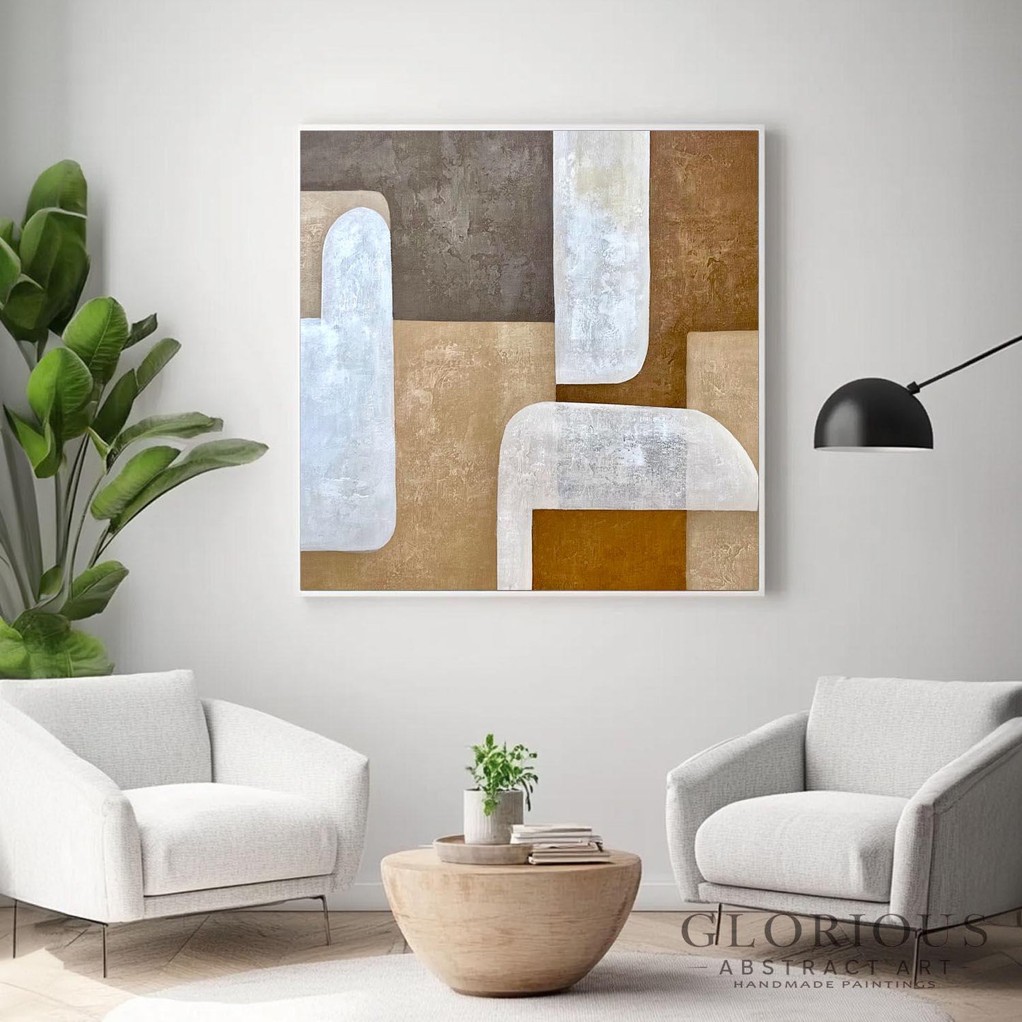Brown Beige Abstract Wall Art, Minimalist Geometric Painting, Modern Neutral Canvas Art, Large Earth Tone Decor for Living Room Original Art