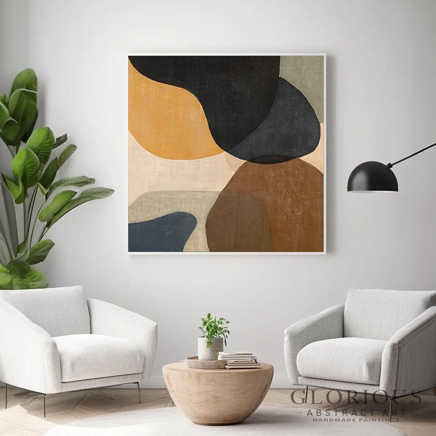 Navy Blue Abstract Wall Art, Minimalist Organic Shapes Painting, Neutral Tones Canvas Art, Modern Geometric Office Wall Decor, Living Room