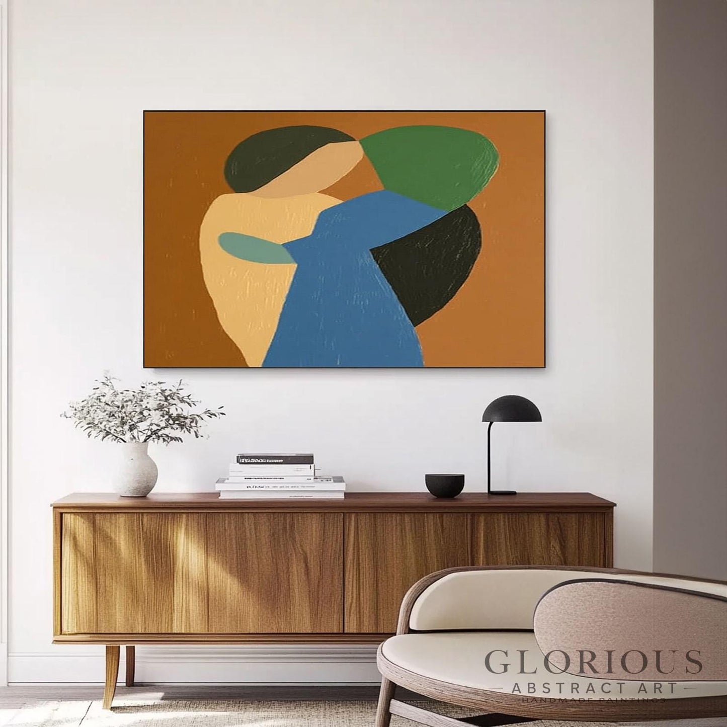 Blue Green Abstract Wall Art, Modern Geometric Painting, Minimalist Shapes Canvas Art, Earth Tone Decor, Original Acrylic Painting, Room Art