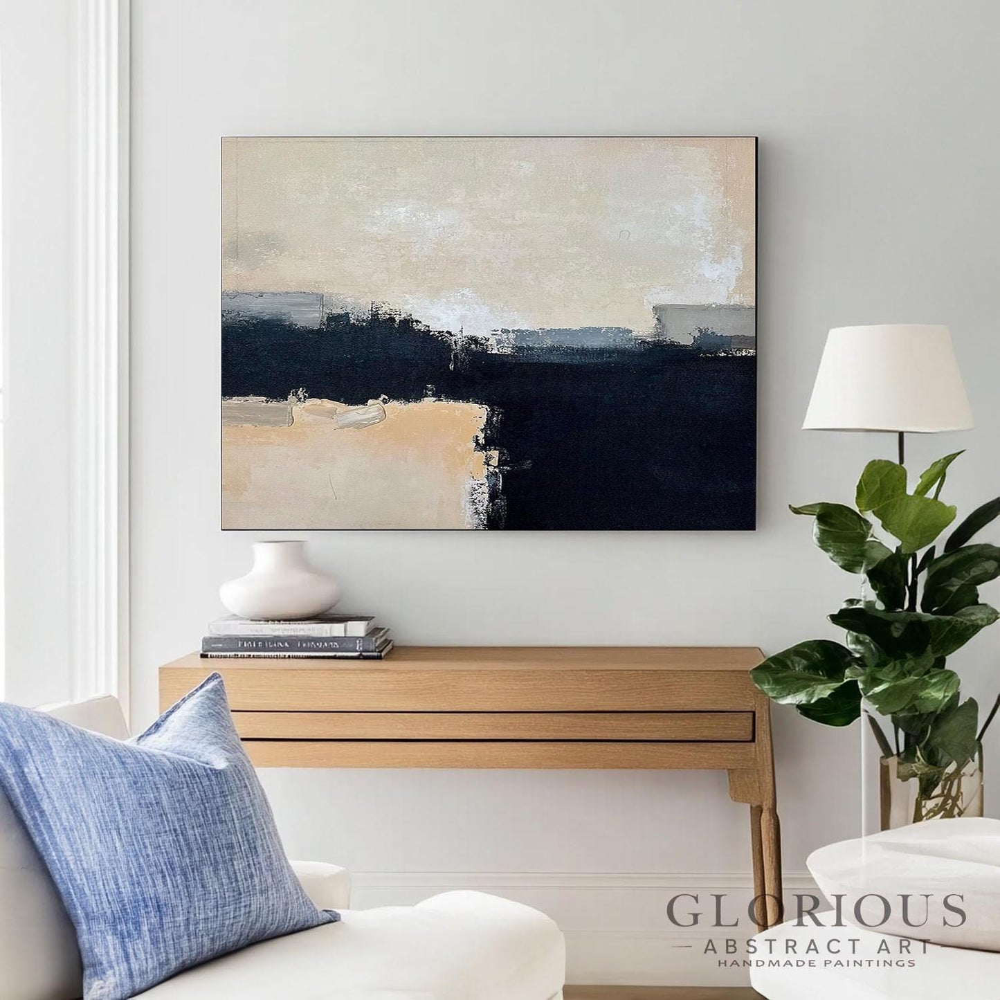 Black Beige Abstract Wall Art, Neutral Minimalist Painting, Modern Geometric Canvas, Horizon Artwork, Gray Cream Home Decor, Original Art