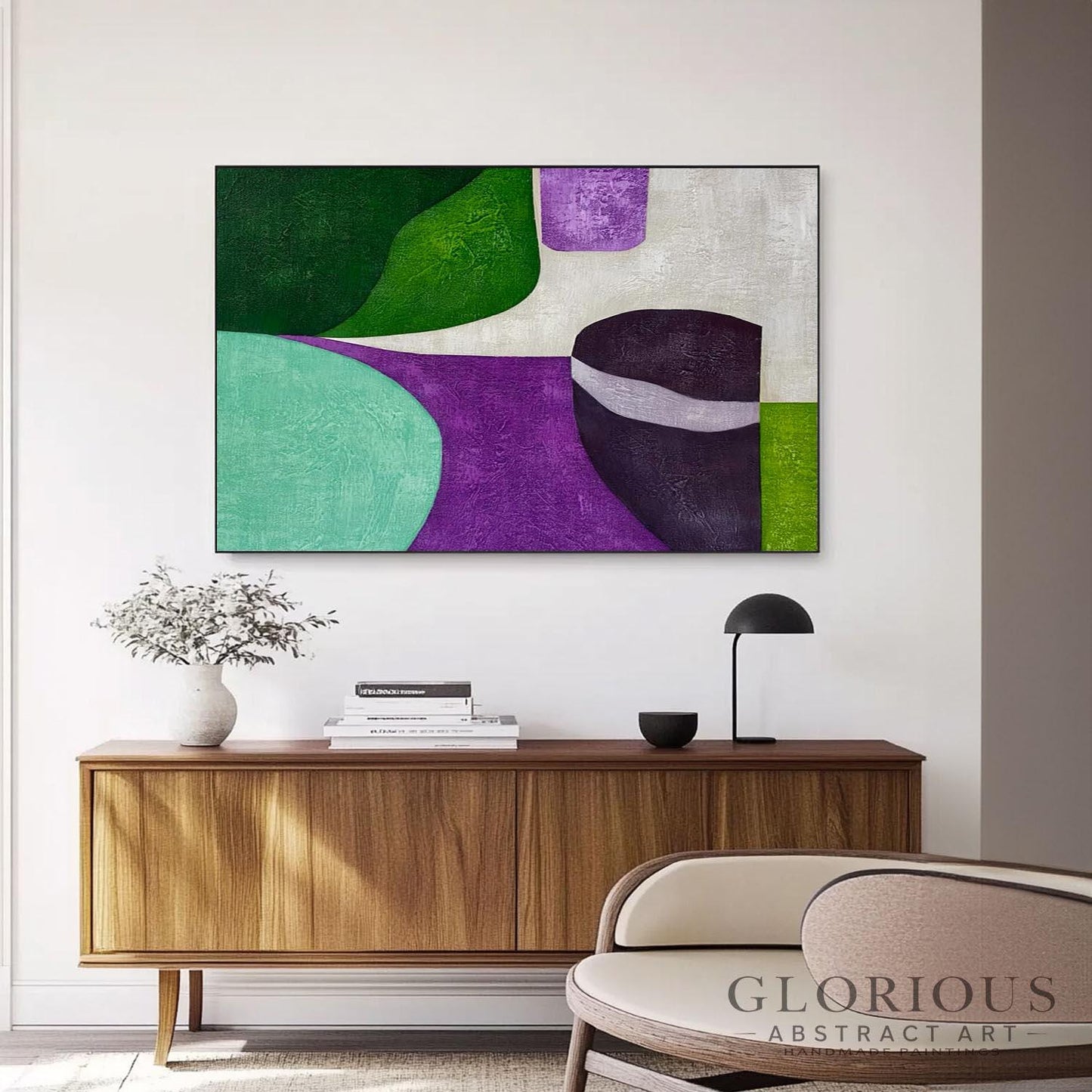 Green Purple Geometric Abstract Wall Art, Modern Minimalist Canvas Painting, Living Room Office Decor, Mid Century Style minimalist painting