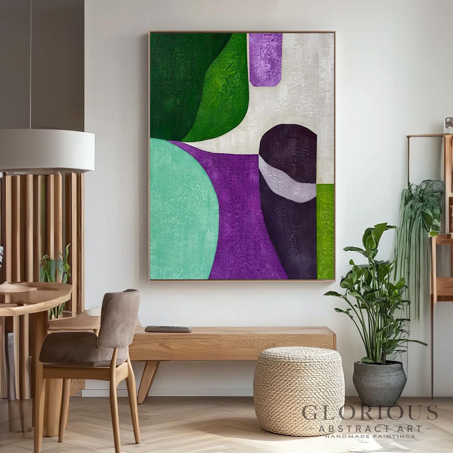 Green Purple Geometric Abstract Wall Art, Modern Minimalist Canvas Painting, Living Room Office Decor, Mid Century Style minimalist painting