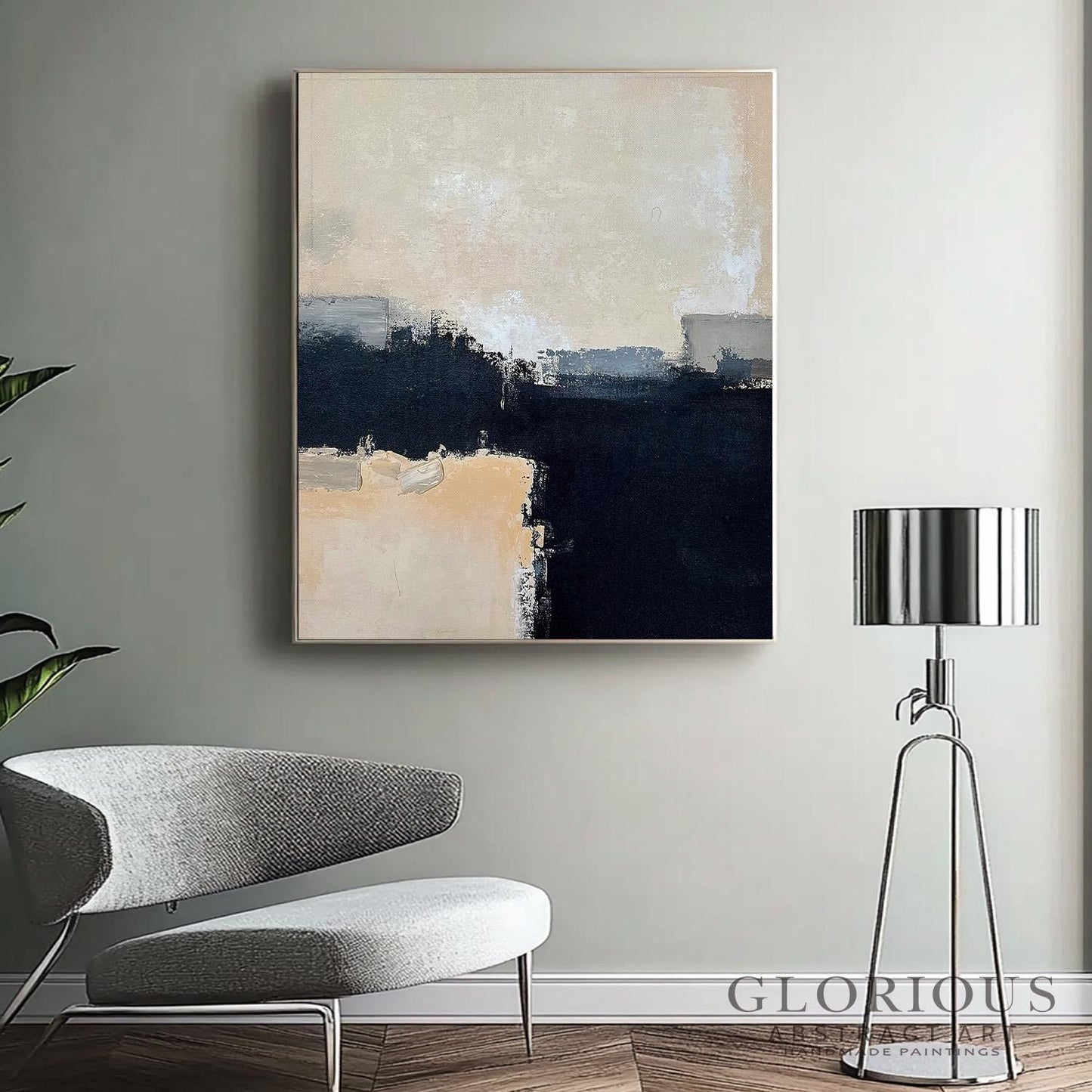 Black Beige Abstract Wall Art, Neutral Minimalist Painting, Modern Geometric Canvas, Horizon Artwork, Gray Cream Home Decor, Original Art