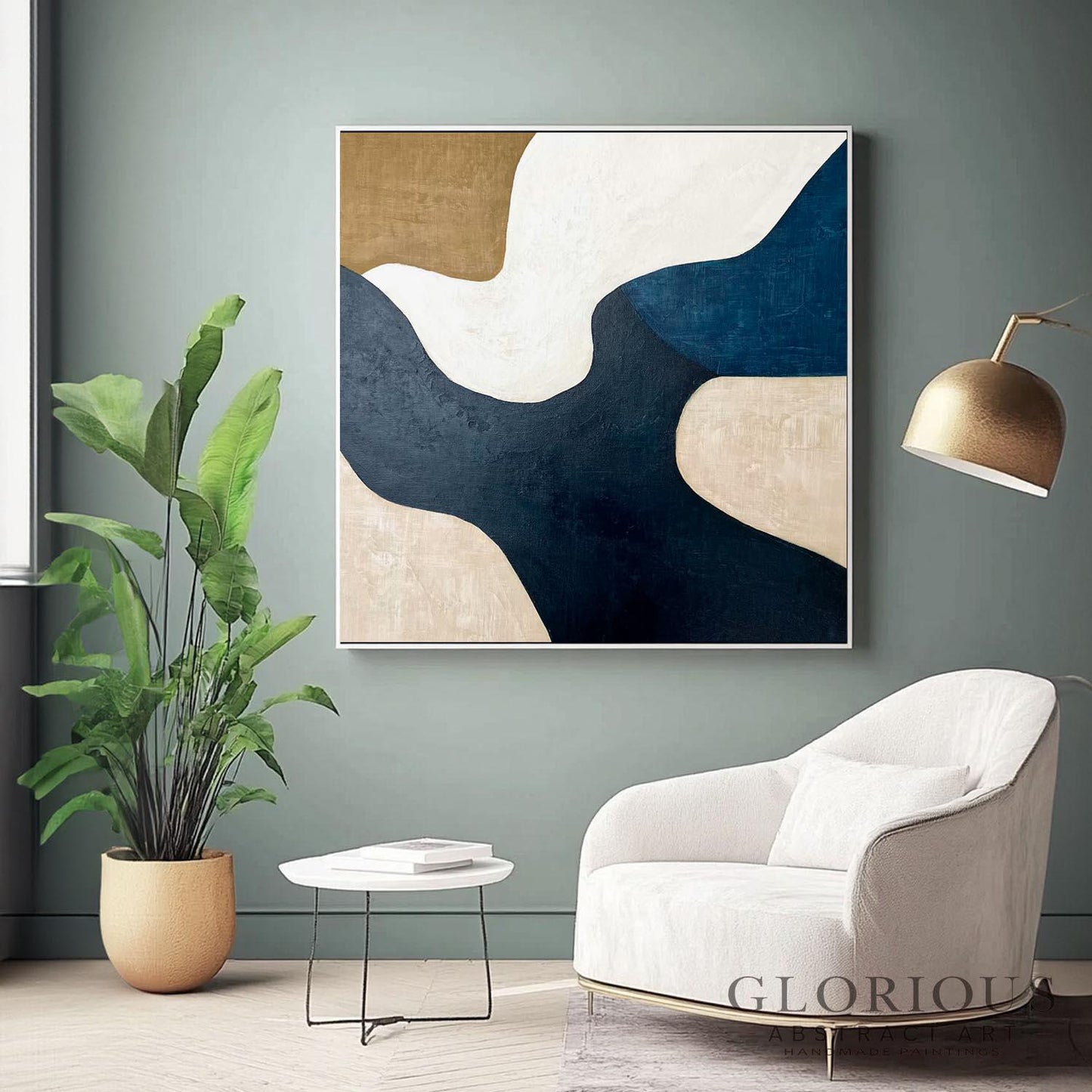 Navy Blue and Beige Abstract Wall Art, Minimalist Geometric Canvas Painting, Modern Home Decor, Large Living Room Art, Neutral Tone Artwork