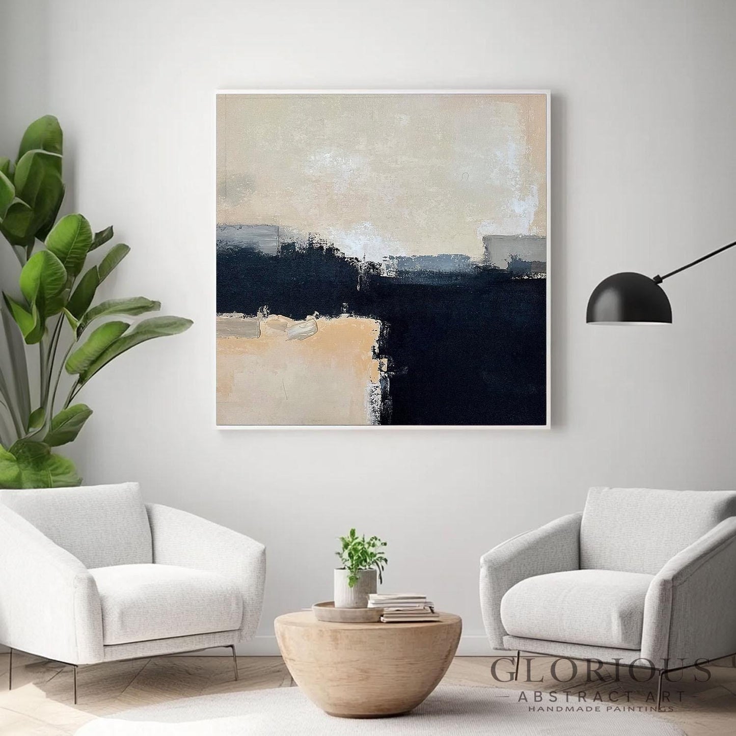 Black Beige Abstract Wall Art, Neutral Minimalist Painting, Modern Geometric Canvas, Horizon Artwork, Gray Cream Home Decor, Original Art