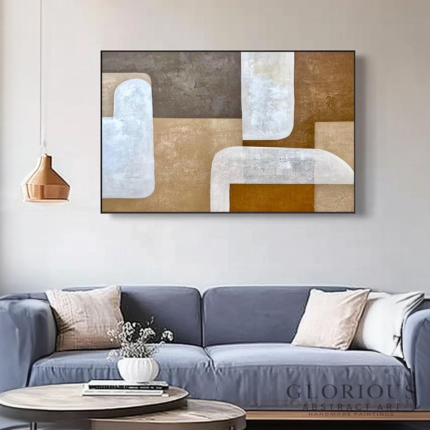 Brown Beige Abstract Wall Art, Minimalist Geometric Painting, Modern Neutral Canvas Art, Large Earth Tone Decor for Living Room Original Art