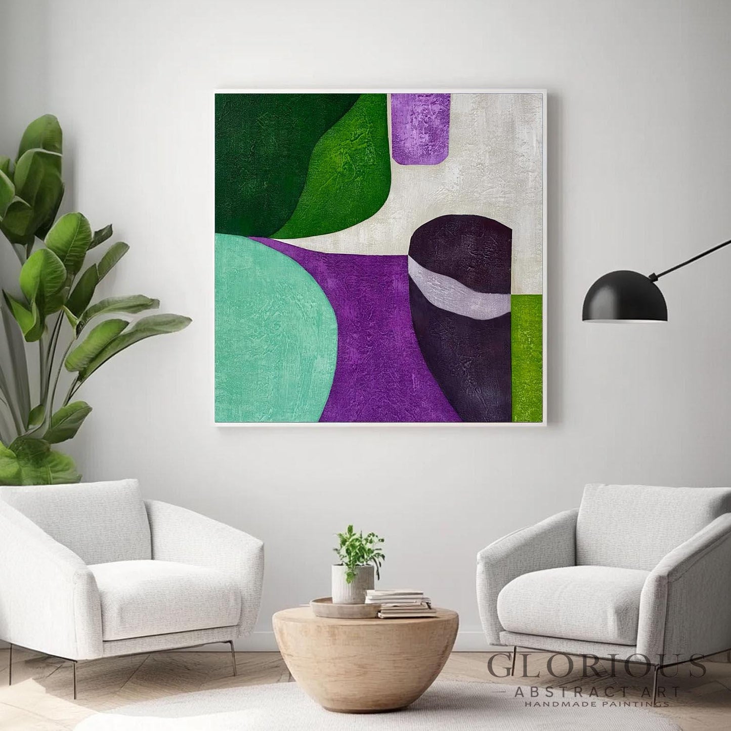 Green Purple Geometric Abstract Wall Art, Modern Minimalist Canvas Painting, Living Room Office Decor, Mid Century Style minimalist painting