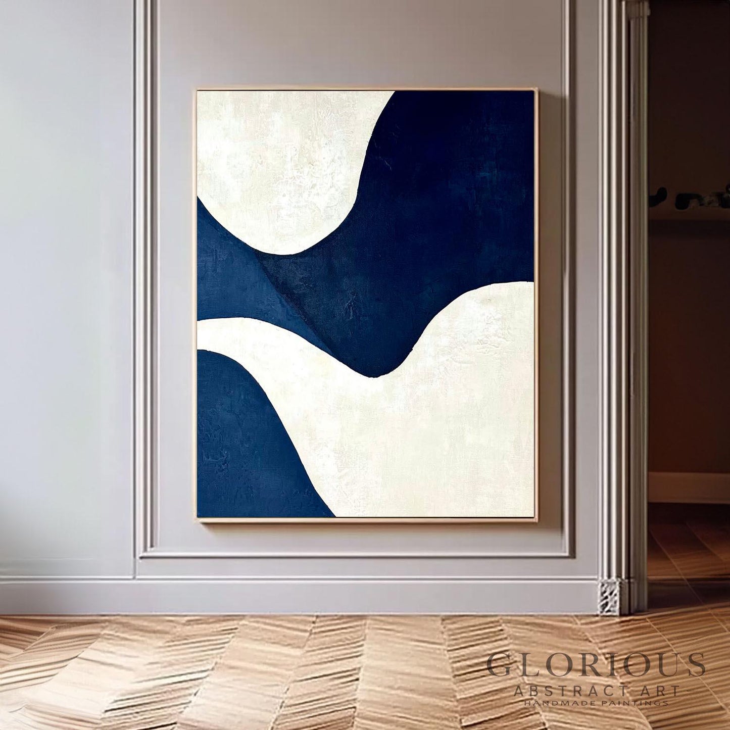 Navy Blue and Cream Abstract Wall Art, Minimalist Geometric Canvas Painting, Modern Home Decor, Living Room Office Wall Decor, Neutral Art
