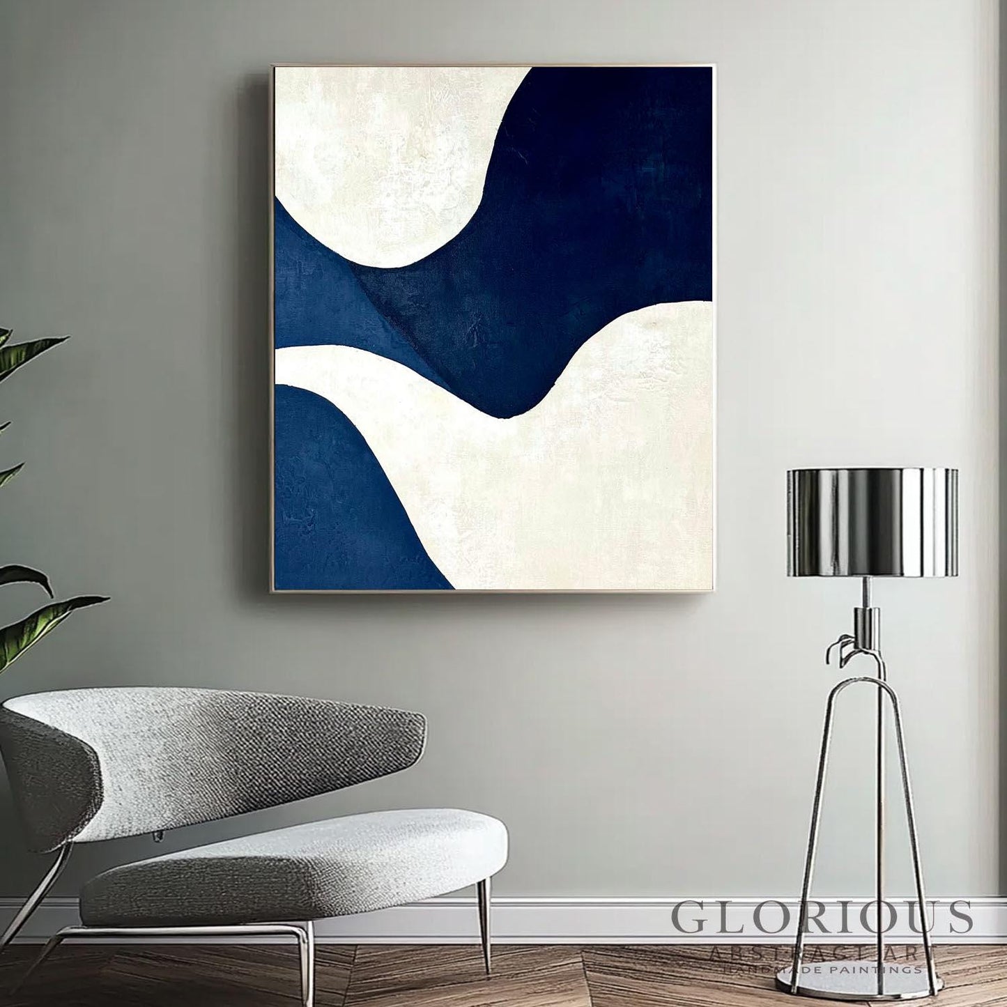 Navy Blue and Cream Abstract Wall Art, Minimalist Geometric Canvas Painting, Modern Home Decor, Living Room Office Wall Decor, Neutral Art