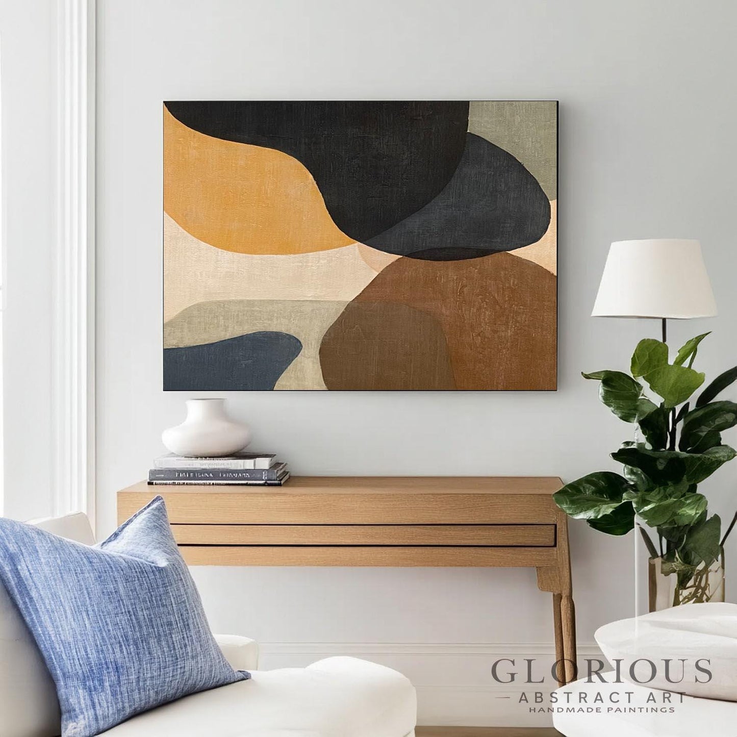 Navy Blue Abstract Wall Art, Minimalist Organic Shapes Painting, Neutral Tones Canvas Art, Modern Geometric Office Wall Decor, Living Room