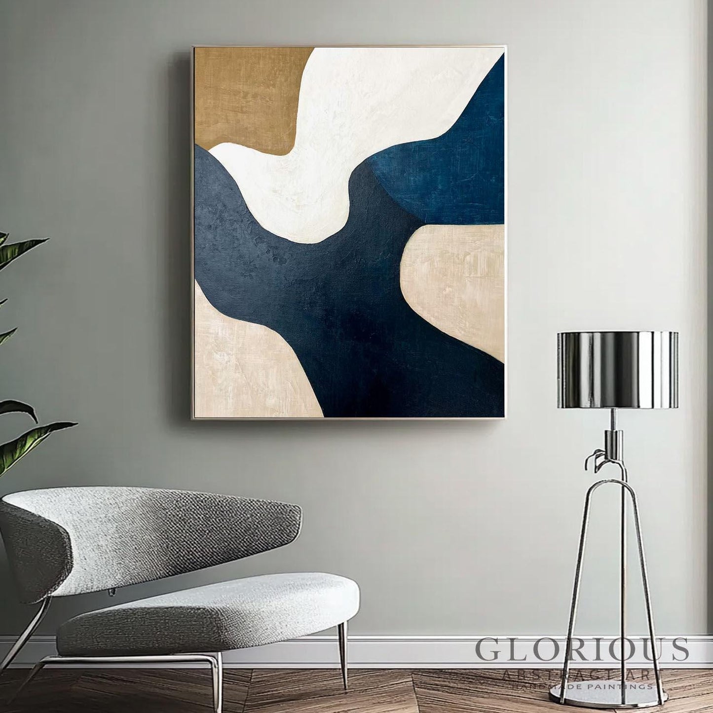 Navy Blue and Beige Abstract Wall Art, Minimalist Geometric Canvas Painting, Modern Home Decor, Large Living Room Art, Neutral Tone Artwork