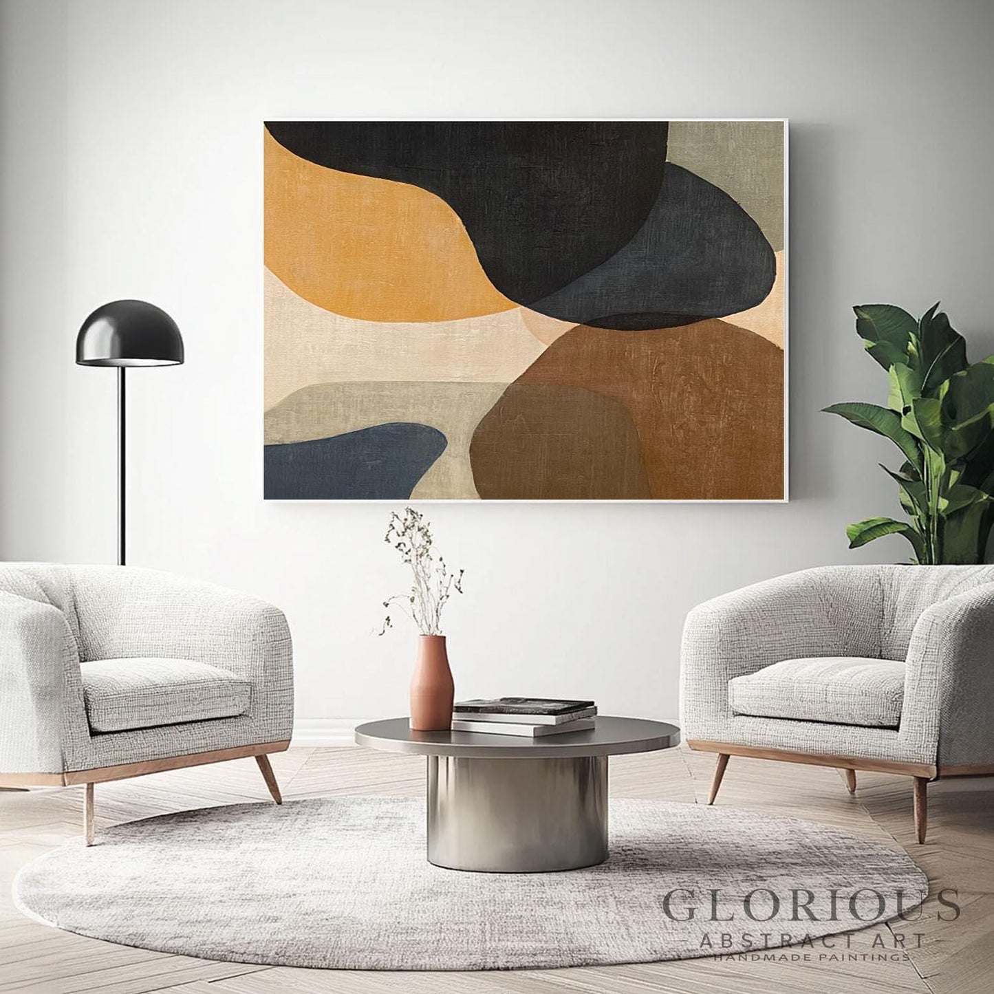 Navy Blue Abstract Wall Art, Minimalist Organic Shapes Painting, Neutral Tones Canvas Art, Modern Geometric Office Wall Decor, Living Room