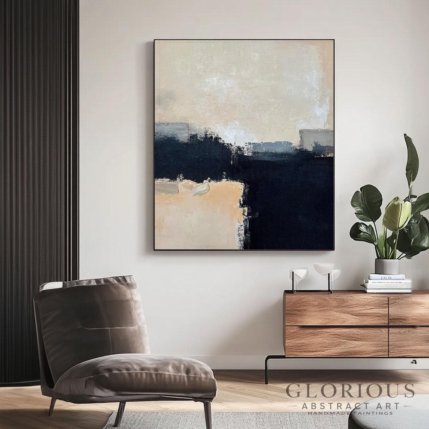 Black Beige Abstract Wall Art, Neutral Minimalist Painting, Modern Geometric Canvas, Horizon Artwork, Gray Cream Home Decor, Original Art