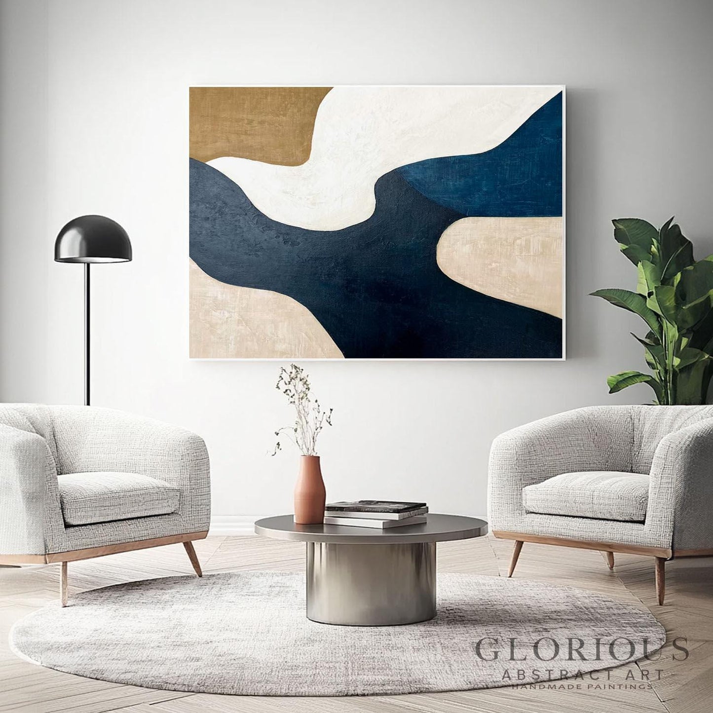 Navy Blue and Beige Abstract Wall Art, Minimalist Geometric Canvas Painting, Modern Home Decor, Large Living Room Art, Neutral Tone Artwork