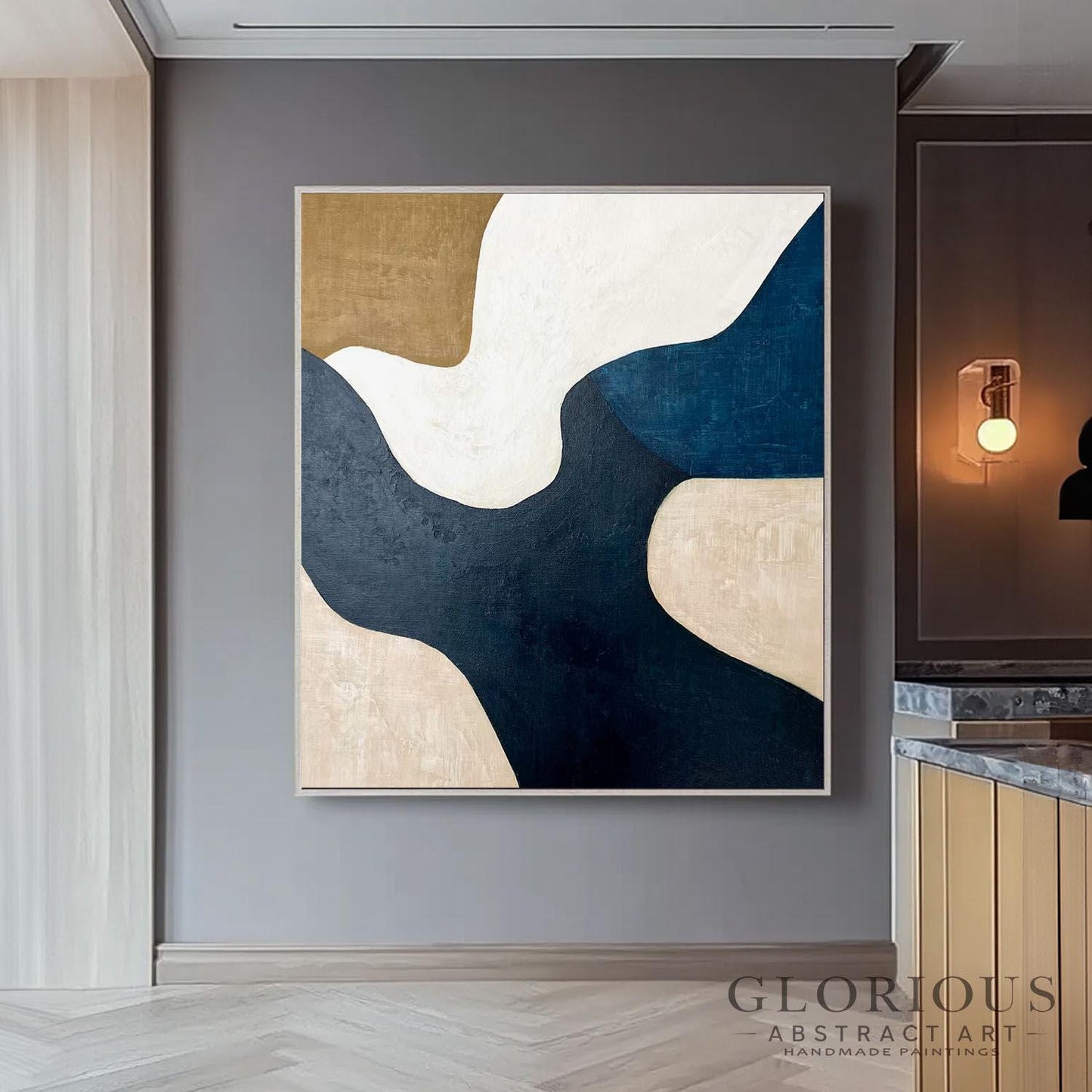 Navy Blue and Beige Abstract Wall Art, Minimalist Geometric Canvas Painting, Modern Home Decor, Large Living Room Art, Neutral Tone Artwork