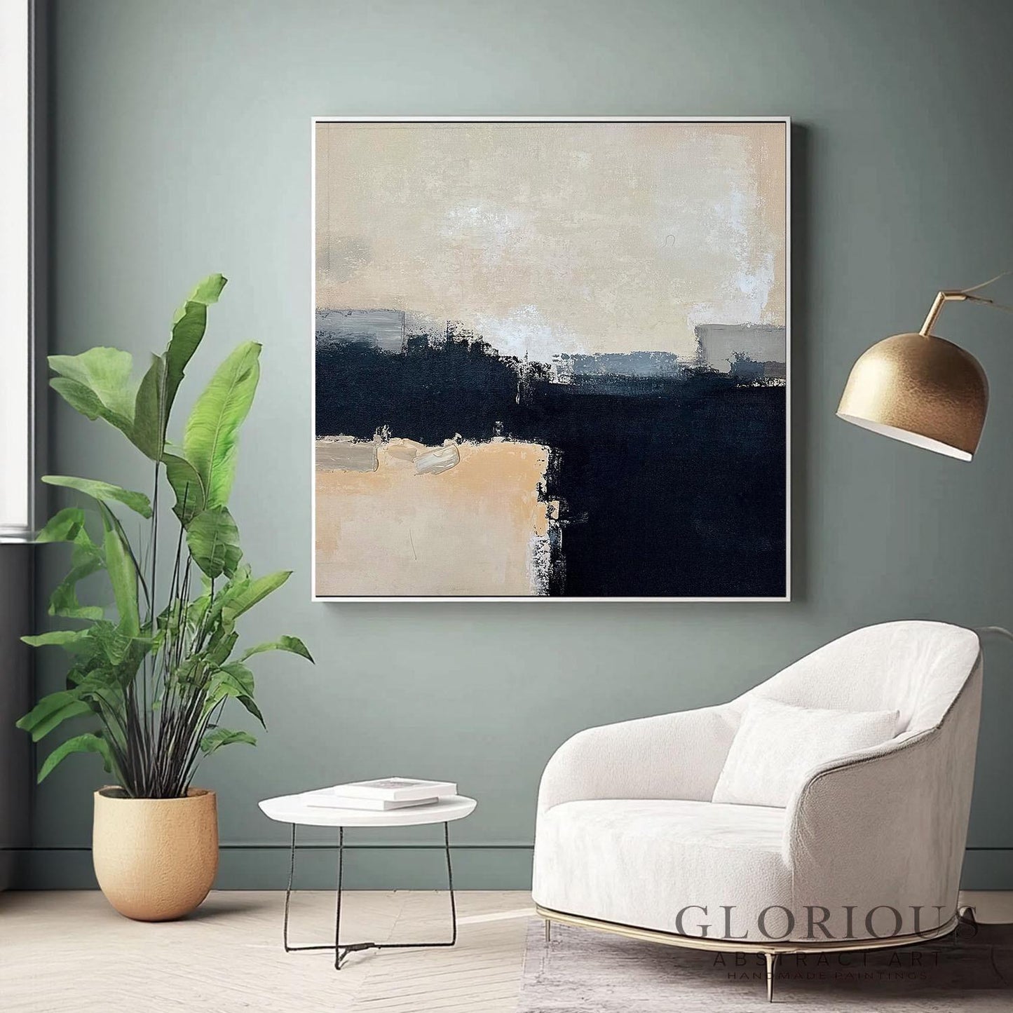 Black Beige Abstract Wall Art, Neutral Minimalist Painting, Modern Geometric Canvas, Horizon Artwork, Gray Cream Home Decor, Original Art