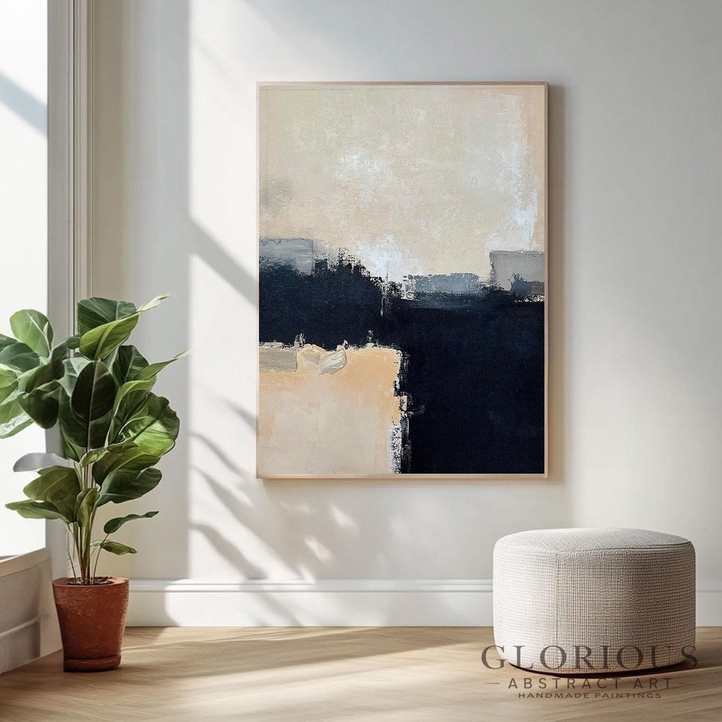 Black Beige Abstract Wall Art, Neutral Minimalist Painting, Modern Geometric Canvas, Horizon Artwork, Gray Cream Home Decor, Original Art