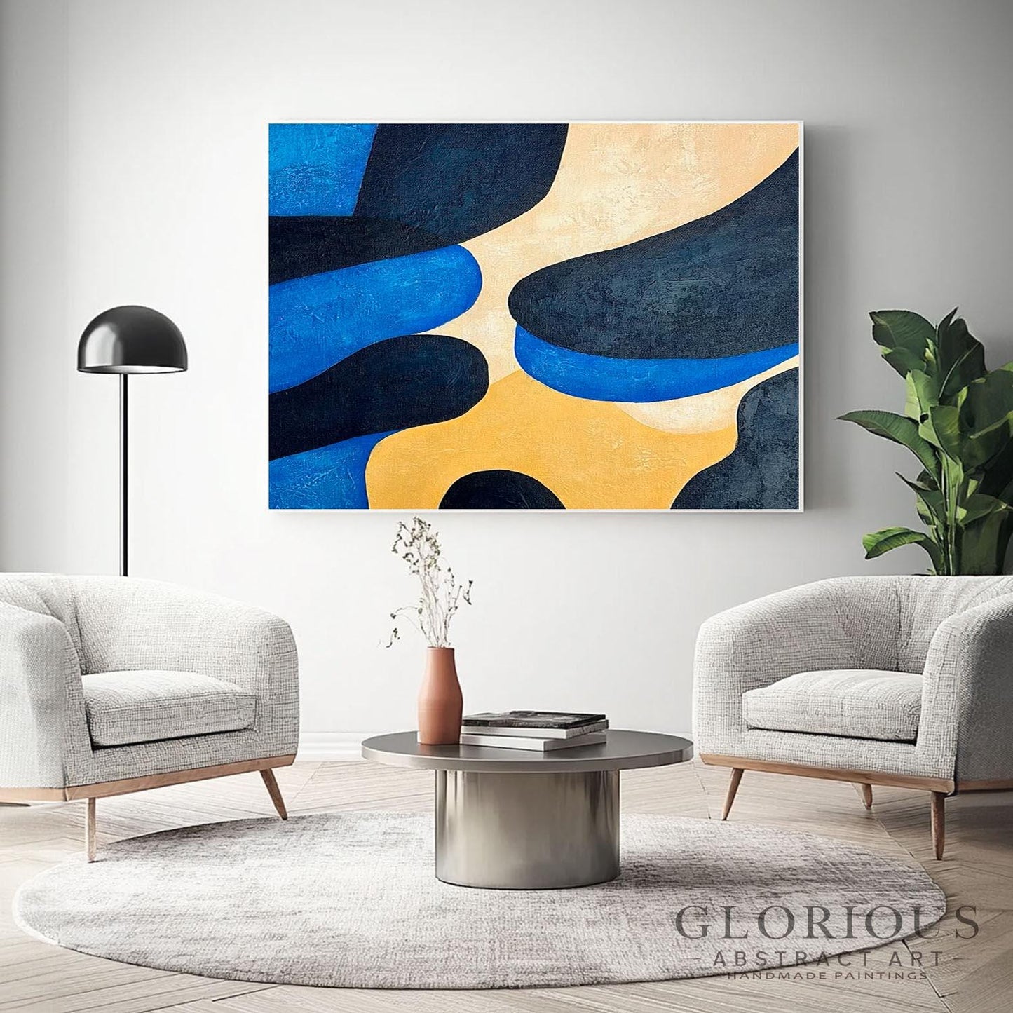 Blue and Beige Abstract Wall Art, Navy Minimalist Painting, Modern Geometric Canvas Large Fluid Art for Living Room, Contemporary Home Decor
