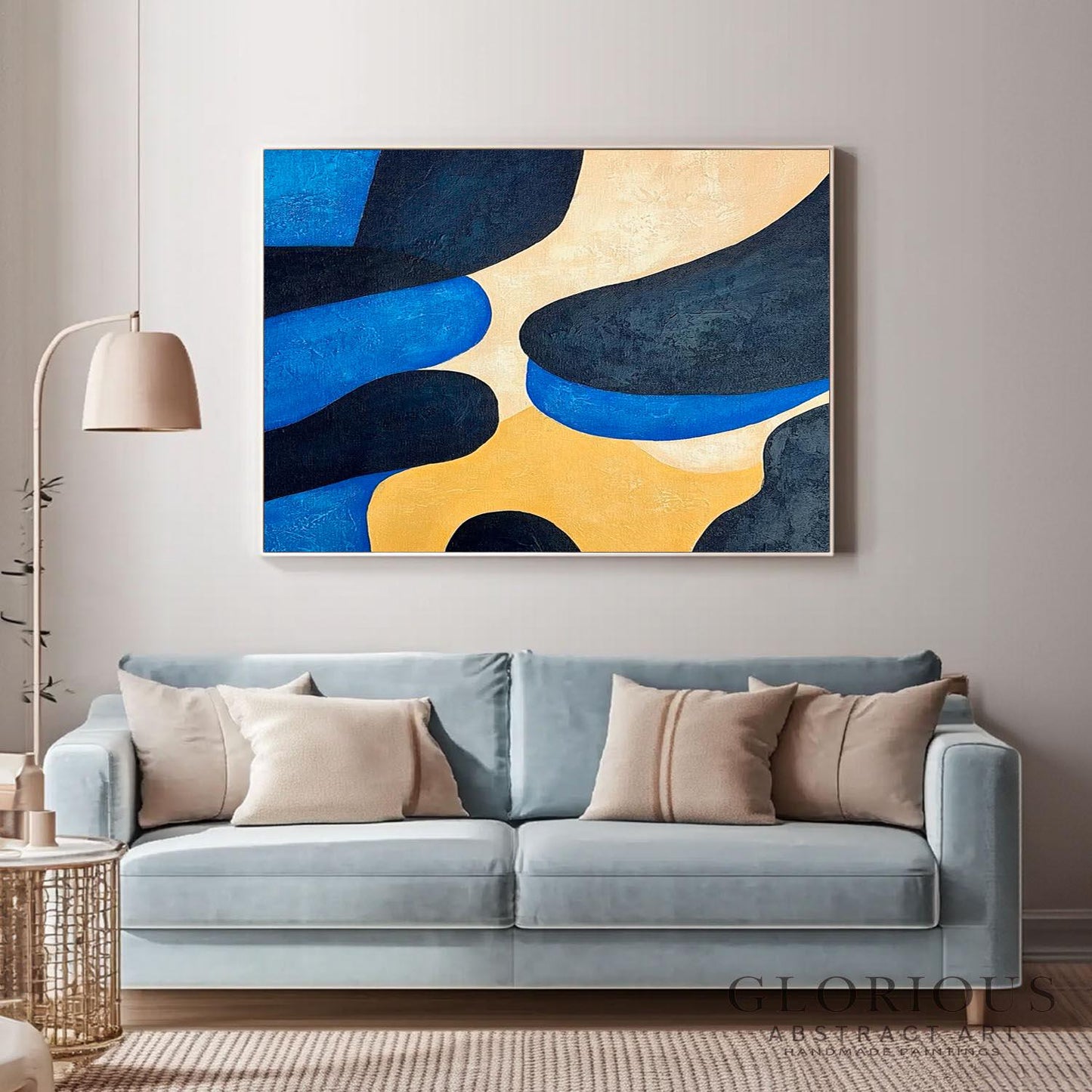 Blue and Beige Abstract Wall Art, Navy Minimalist Painting, Modern Geometric Canvas Large Fluid Art for Living Room, Contemporary Home Decor