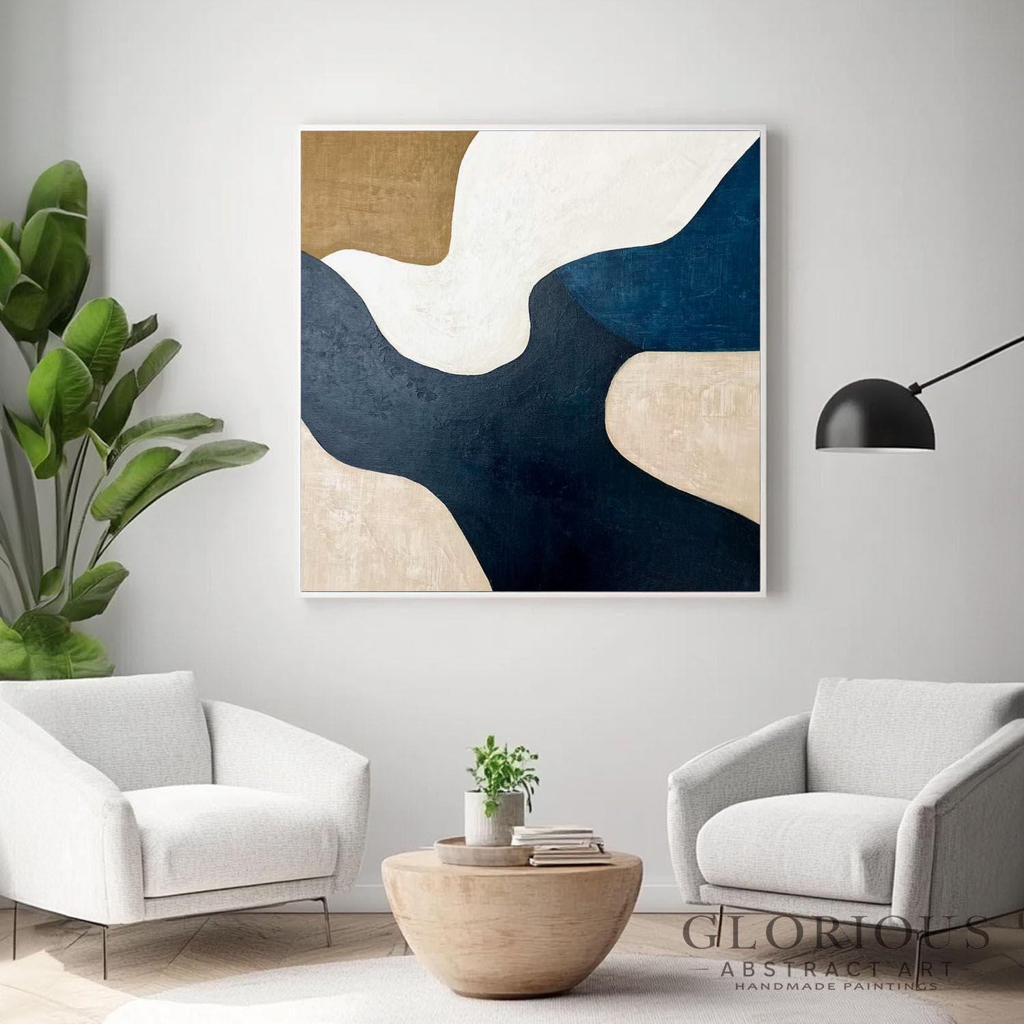 Navy Blue and Beige Abstract Wall Art, Minimalist Geometric Canvas Painting, Modern Home Decor, Large Living Room Art, Neutral Tone Artwork