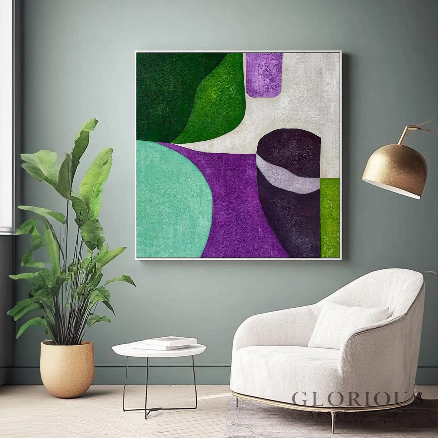 Green Purple Geometric Abstract Wall Art, Modern Minimalist Canvas Painting, Living Room Office Decor, Mid Century Style minimalist painting