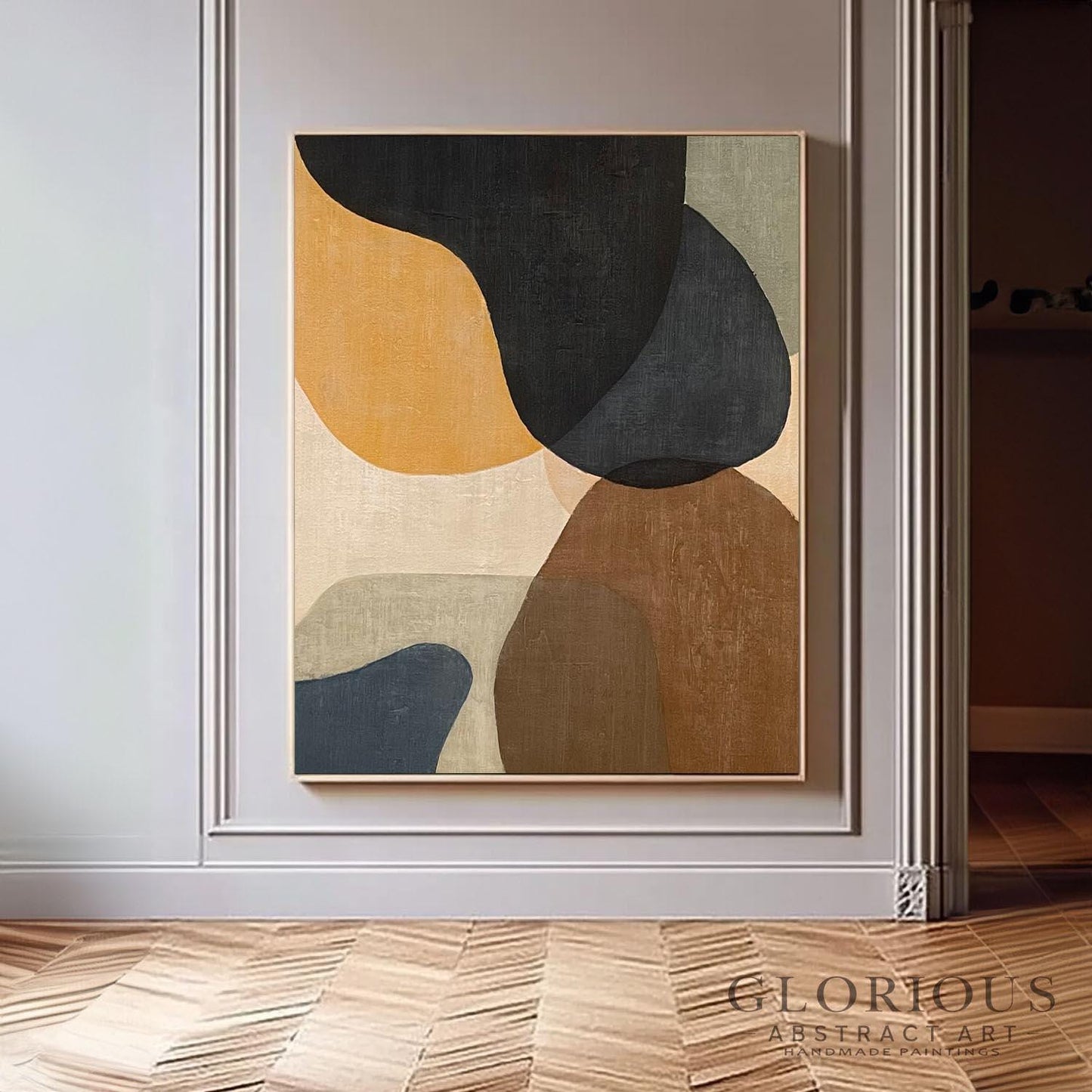 Navy Blue Abstract Wall Art, Minimalist Organic Shapes Painting, Neutral Tones Canvas Art, Modern Geometric Office Wall Decor, Living Room