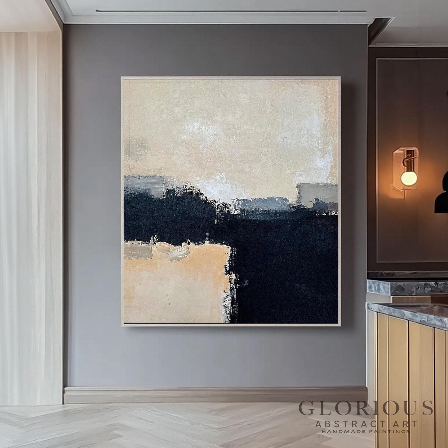 Black Beige Abstract Wall Art, Neutral Minimalist Painting, Modern Geometric Canvas, Horizon Artwork, Gray Cream Home Decor, Original Art