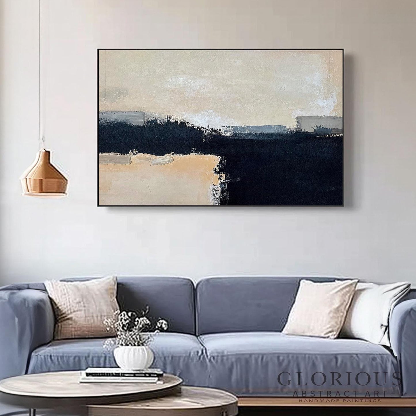 Black Beige Abstract Wall Art, Neutral Minimalist Painting, Modern Geometric Canvas, Horizon Artwork, Gray Cream Home Decor, Original Art