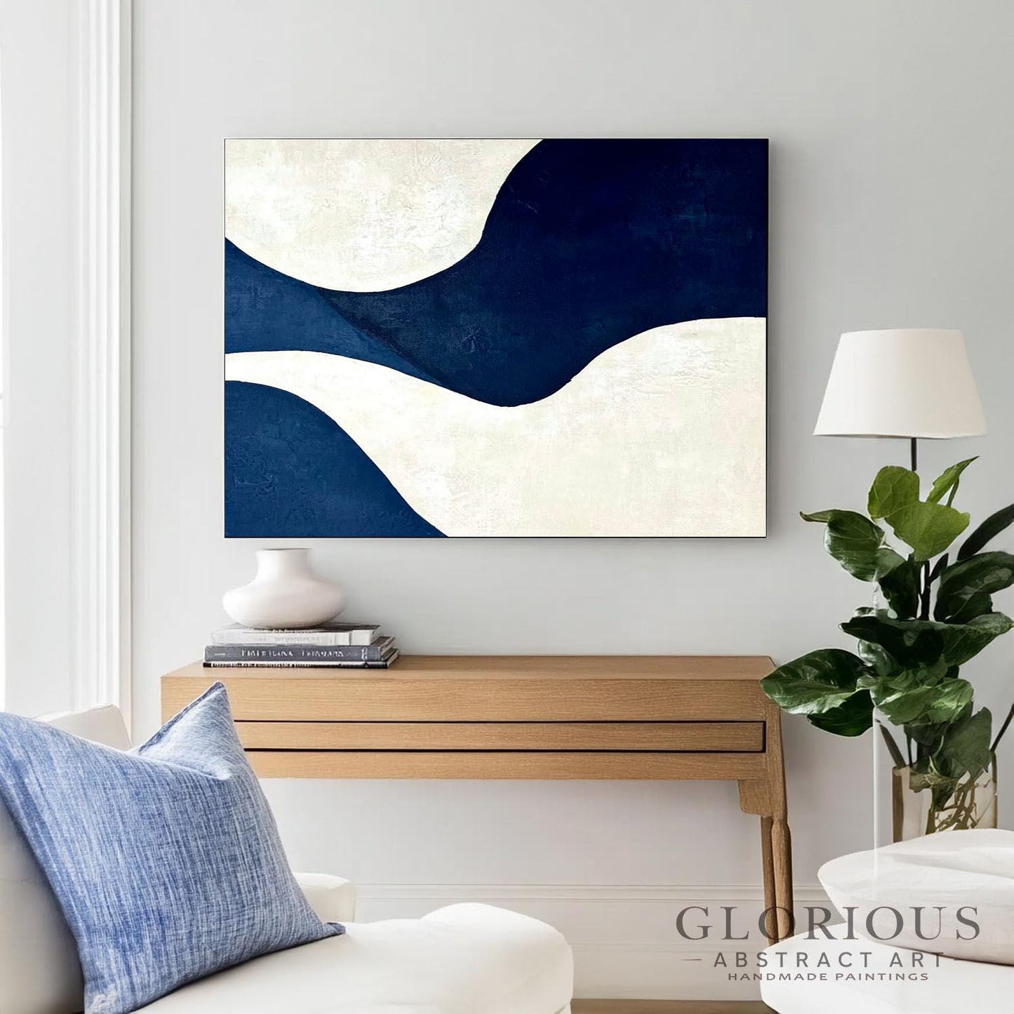 Navy Blue and Cream Abstract Wall Art, Minimalist Geometric Canvas Painting, Modern Home Decor, Living Room Office Wall Decor, Neutral Art