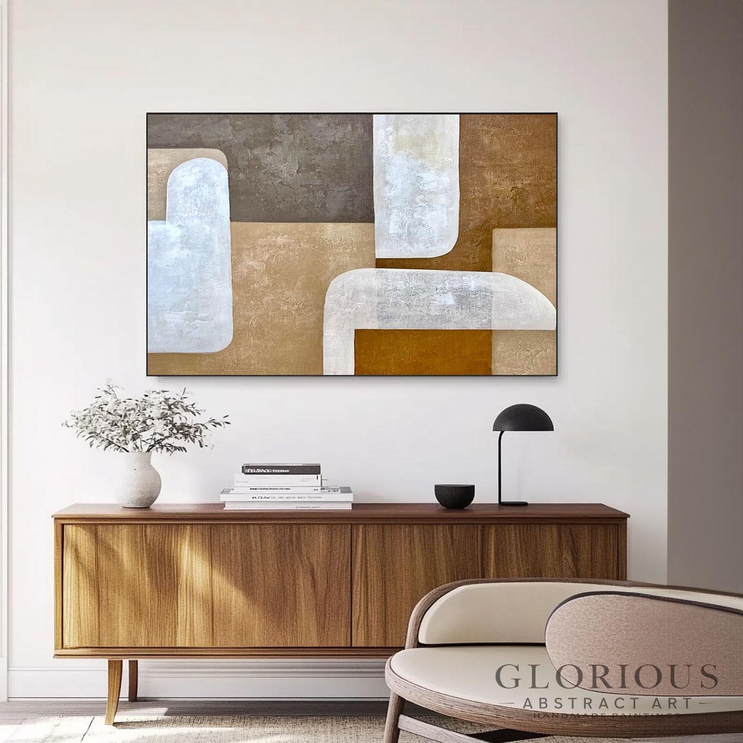 Brown Beige Abstract Wall Art, Minimalist Geometric Painting, Modern Neutral Canvas Art, Large Earth Tone Decor for Living Room Original Art