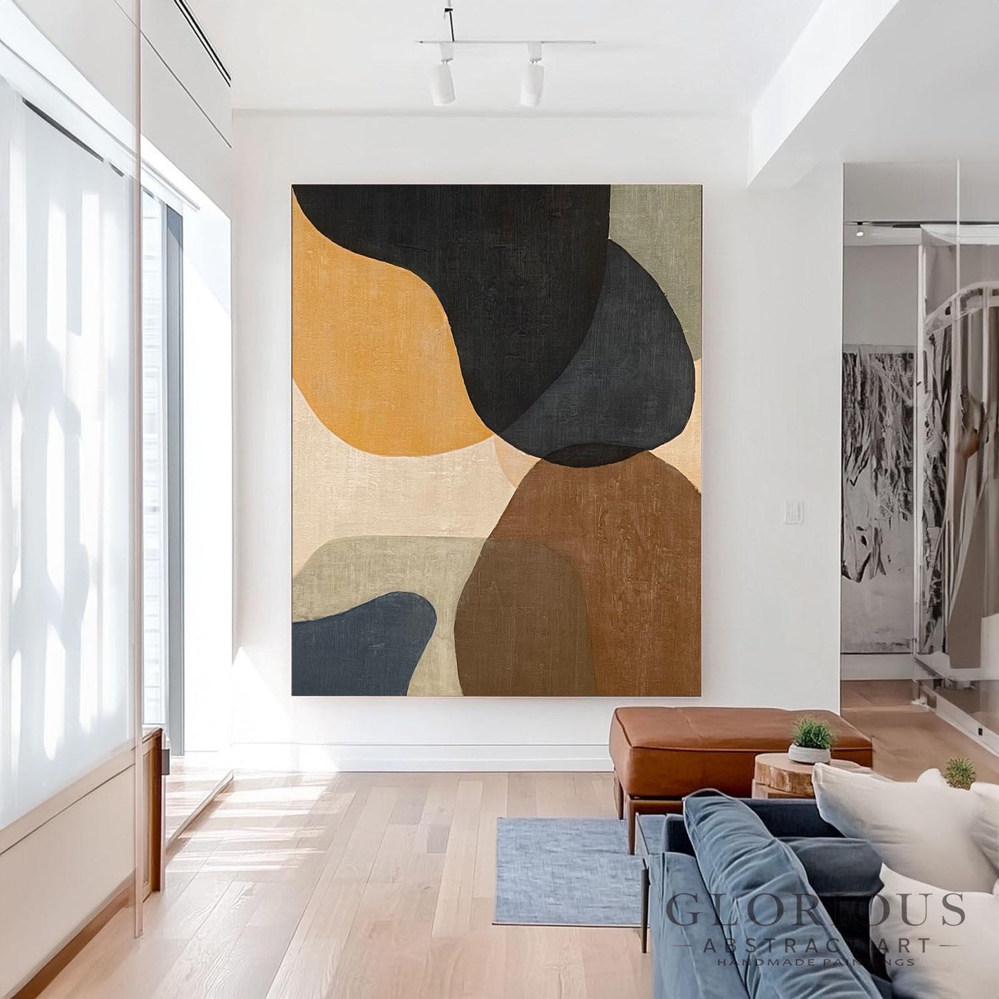 Navy Blue Abstract Wall Art, Minimalist Organic Shapes Painting, Neutral Tones Canvas Art, Modern Geometric Office Wall Decor, Living Room