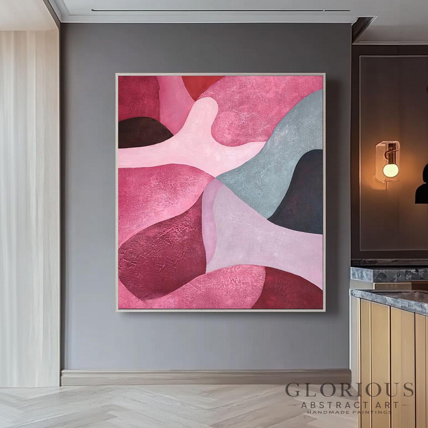 Pink and Gray Abstract Wall Art, Modern Minimalist Painting, Large Canvas Art, Contemporary Home Decor, Living Room Bedroom Art, Pink art