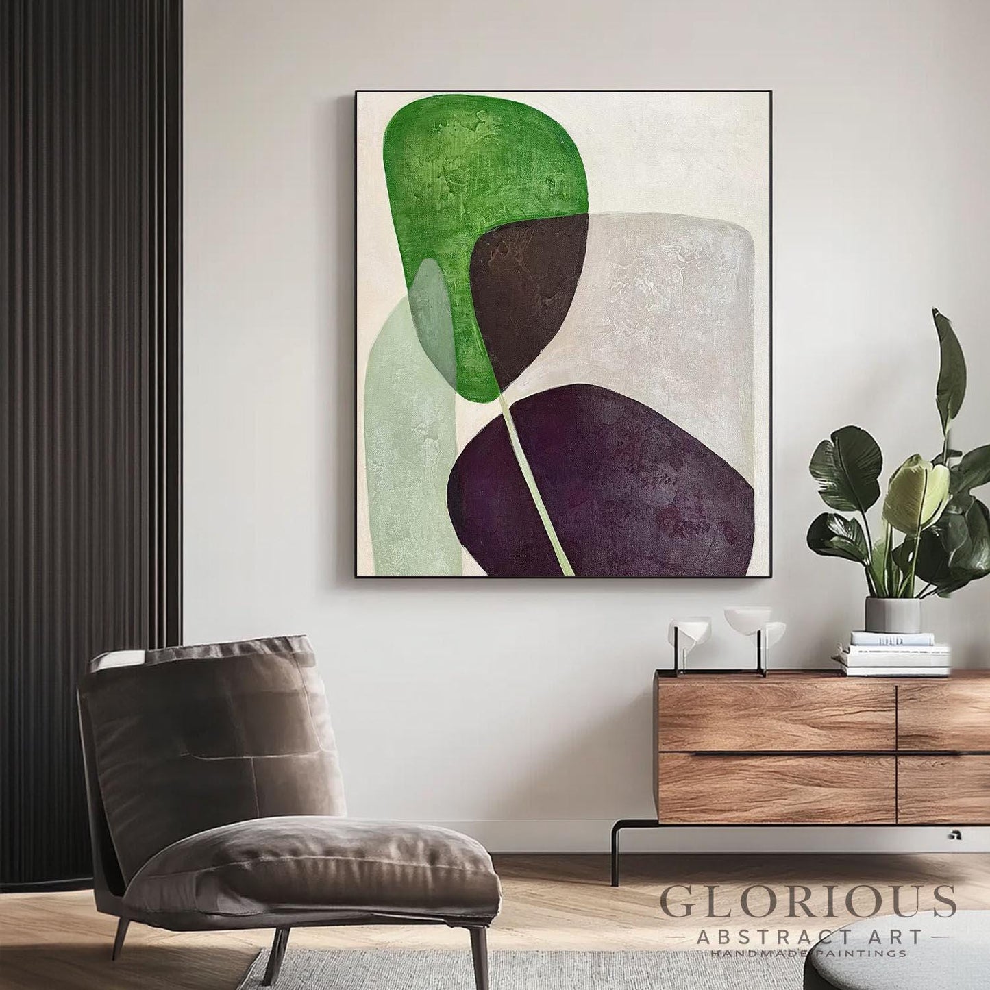 Green Purple Abstract Wall Art, Minimalist Geometric Canvas Painting, Modern Earth Tone Art, Brown Burgundy Decor, Contemporary Home  Decor