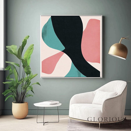 Pink and Teal Abstract Wall Art, Minimalist Painting, Black Geometric Art, Modern Canvas Decor, Contemporary Home Art, Living Room Decor Art
