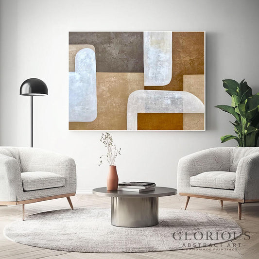 Brown Beige Abstract Wall Art, Minimalist Geometric Painting, Modern Neutral Canvas Art, Large Earth Tone Decor for Living Room Original Art
